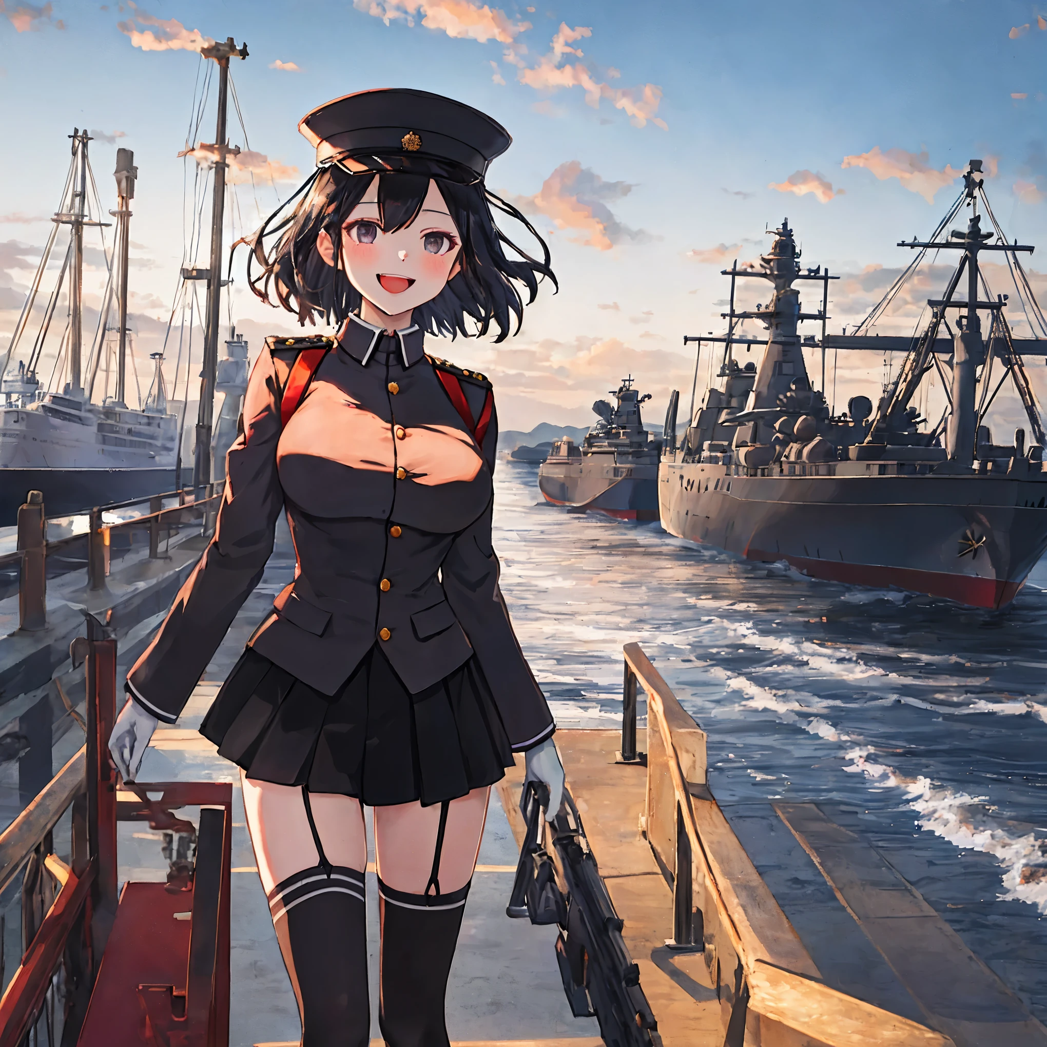 best quality, masterpiece, solo, {akitsu_maru_kantaicollection:1.15}, black_hair, short_hair, hat, peaked_cap, black_eyes, military, big_breasts, 1girl, black_headwear, looking_at_viewer,black_ military_uniform, uniform, military_hat, in_front_harbor_town_landscape_background, smile,(plump:0.7),,black_thigh-highs,joylight_open_mouth,white_skin