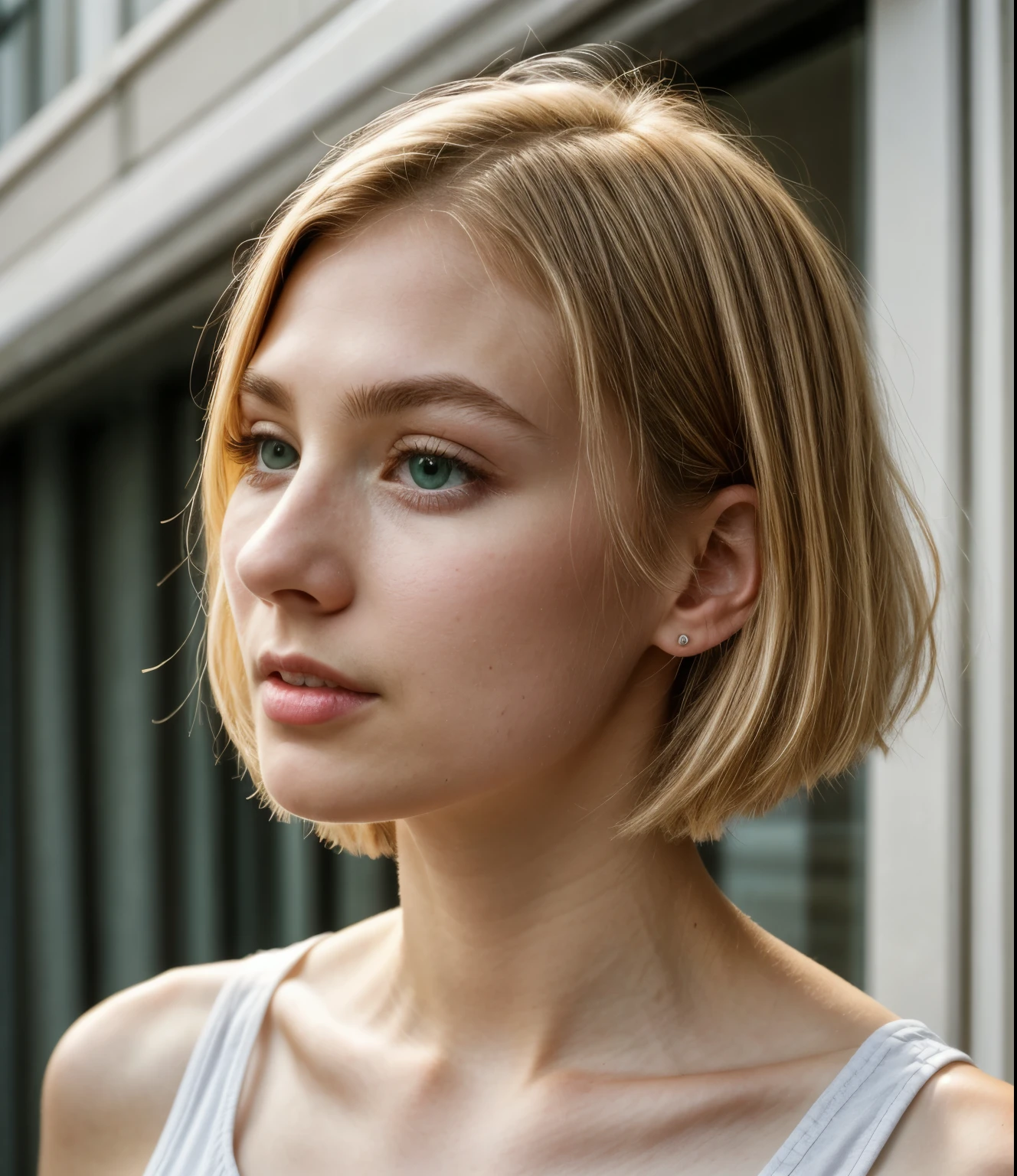 Highest quality、Surreal、、Photorealistic、Portrait of a British woman in his 20s、Fashion Model、Short blonde center parted hairstyle、oblong face、Thin face、Small eyes、Green Eyes、White skin、thin and thin eyebrows、Eyes and eyebrows are separated、Small Nose、Small Mouth、Thin lips、Closed lips、with a natural expression、Her face is illuminated by soft natural light、Photo from the upper body to the top, from side,