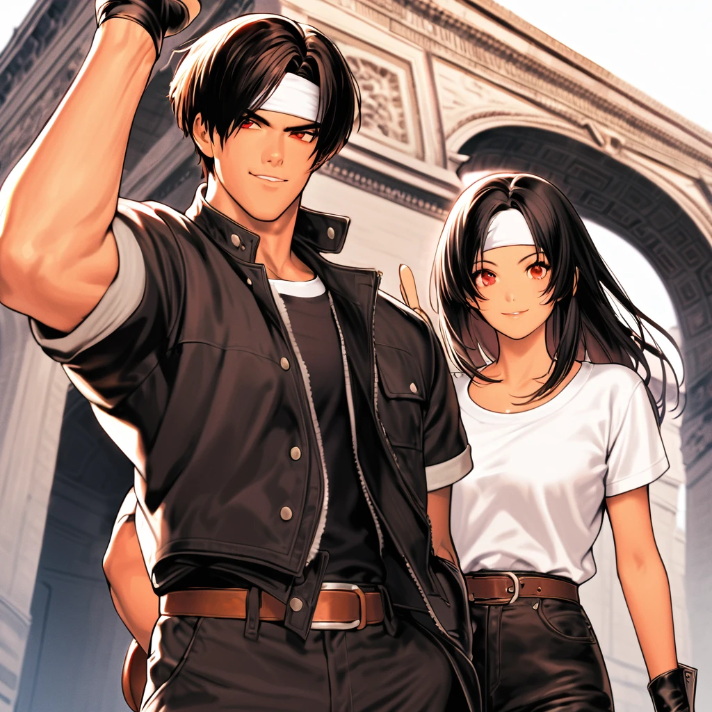 Orochikyo, Two people, Dark Skin, Red eyes, Black jacket, Fingerless gloves, Black Hair, White T-shirt, White headband, Black trousers, White shoes, Brown belt, good looking, shot, Charming, masterpiece, High resolution, Detailed face, Fine grain, A confident smile, A man and a woman laughing with the Arc de Triomphe in the background, Men and women have the same hairstyle and clothing, peace sign。