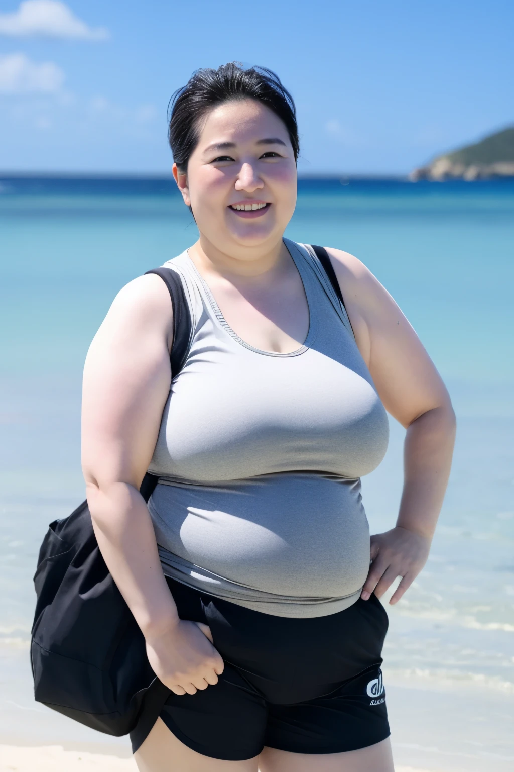 Ultra-high quality, Background blur, In the beach, Gravure printing, 65 years old, black hair,Fat belly,非常full, From the chest up, masterpiece, best quality, Very detailed, Practical, Ultra dense skin, Perfect anatomical structure, full, wrinkles around the eyes, , Large Breasts, Sling sports vest,sports Shorts, shy toothy smile, Chubby, charm, Sexy, Pure white skin, Looking at the audience,Ocean background