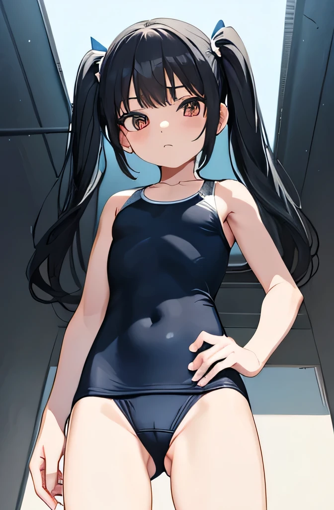 cowboy shot,thin legs,standing,(young girl:1.0),(tiny girl:1.0),(skinny girl:0.8),front shot,flat chest,long twin tails,black hair,navy colored school swimsuit,from below,ground level shot,(li:1.0)