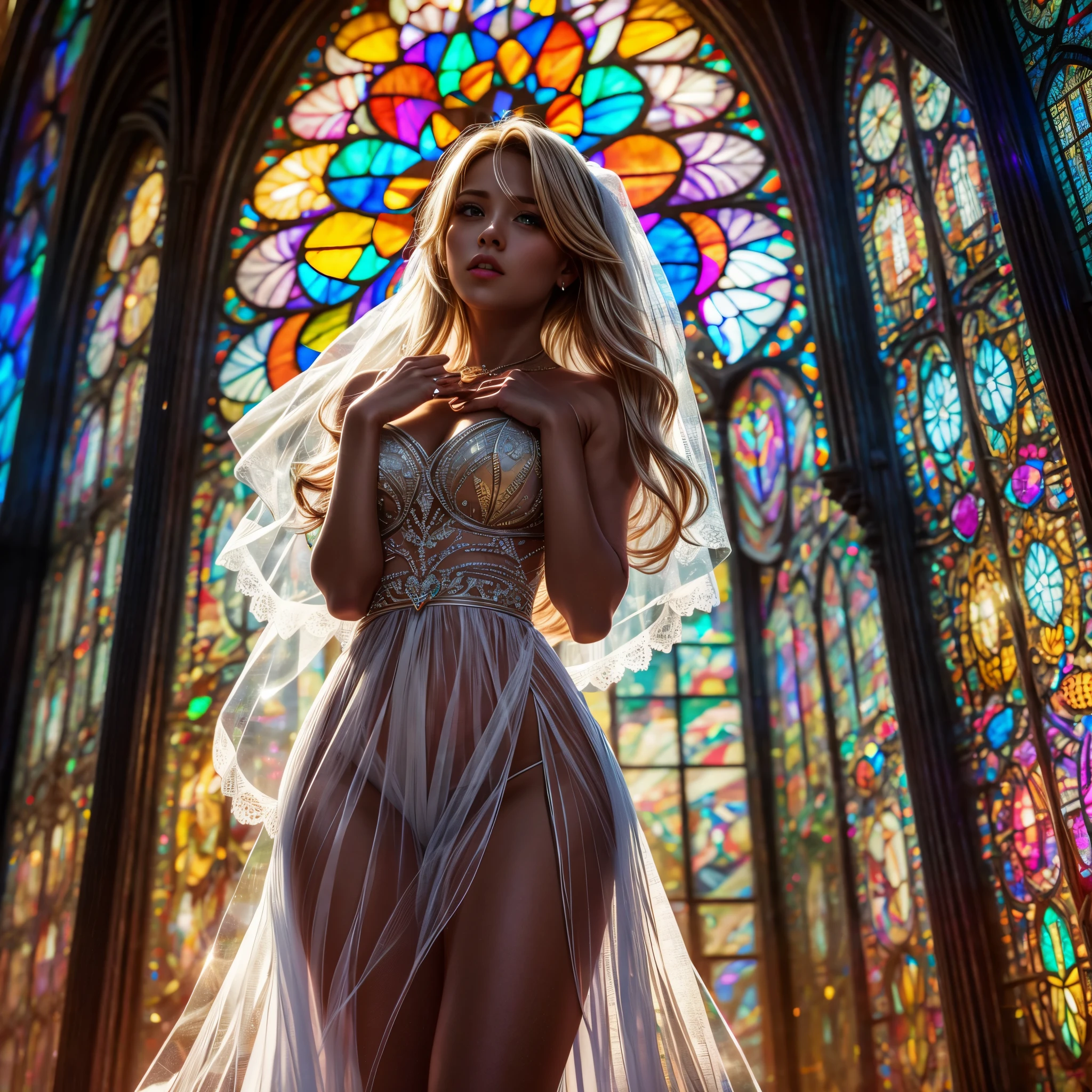  (Cathedral from below:1.28) (ZoomLayer) TopQuality 8K masterpiece of ((Professional photo)), (((Clarisse de Cagliostro))) (Detailed White WeddingDresses), Chain, (((Extremely detailed KAWAII face))) {((VeiledFace))|BlondeHair|(Elaborate BuleEyes)with(SparklingHighlights:1.28)}, The background is distant (((Elaborate stained glass))) Rainbow Glass, {(MysticSight)|EnchantingAtmosphere|Haze|(GodRays)|TyndallEffect}, Radiant PearlSkin with Transparency, (Exposed:0.39)