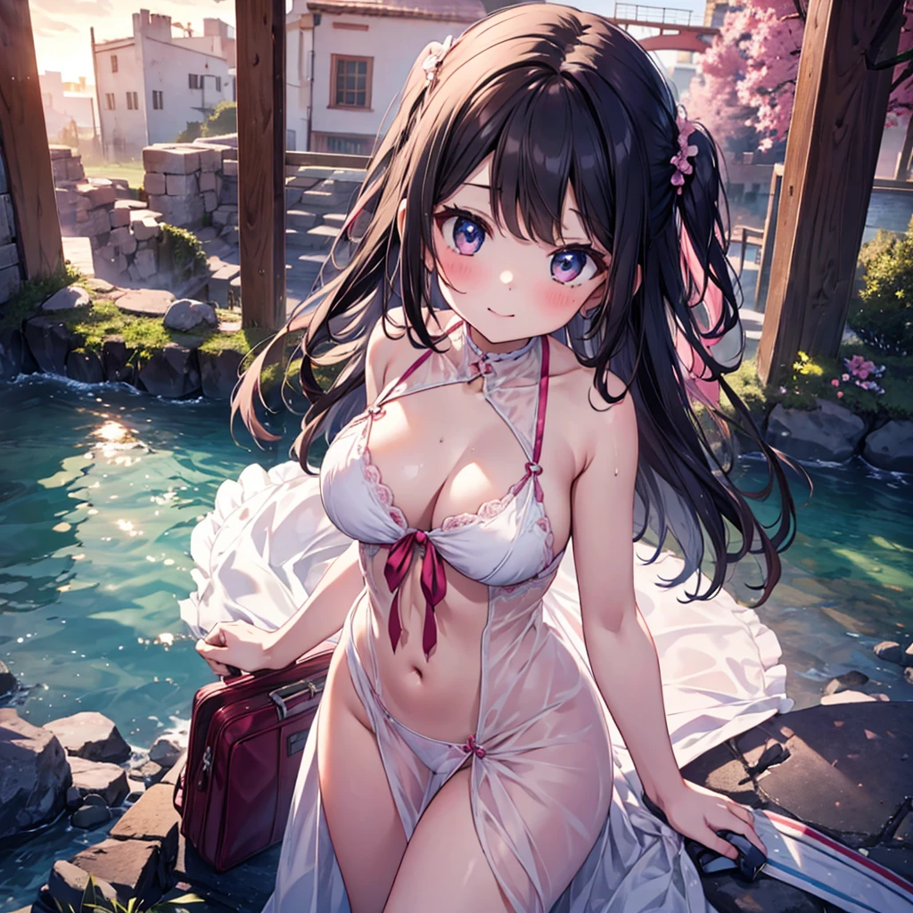 4K,High resolution, (Highly detailed CG,8k,wallpaper)、One -year ,((Yg Girl)ori)),(Delicate and slim body),(low length),(Clean detailed eyes,smile),(Beautiful and large breasts),（nsfw,naked、Beautiful and trimmed pussy,Raising hands),(Black Hair,Pink inner color hair)