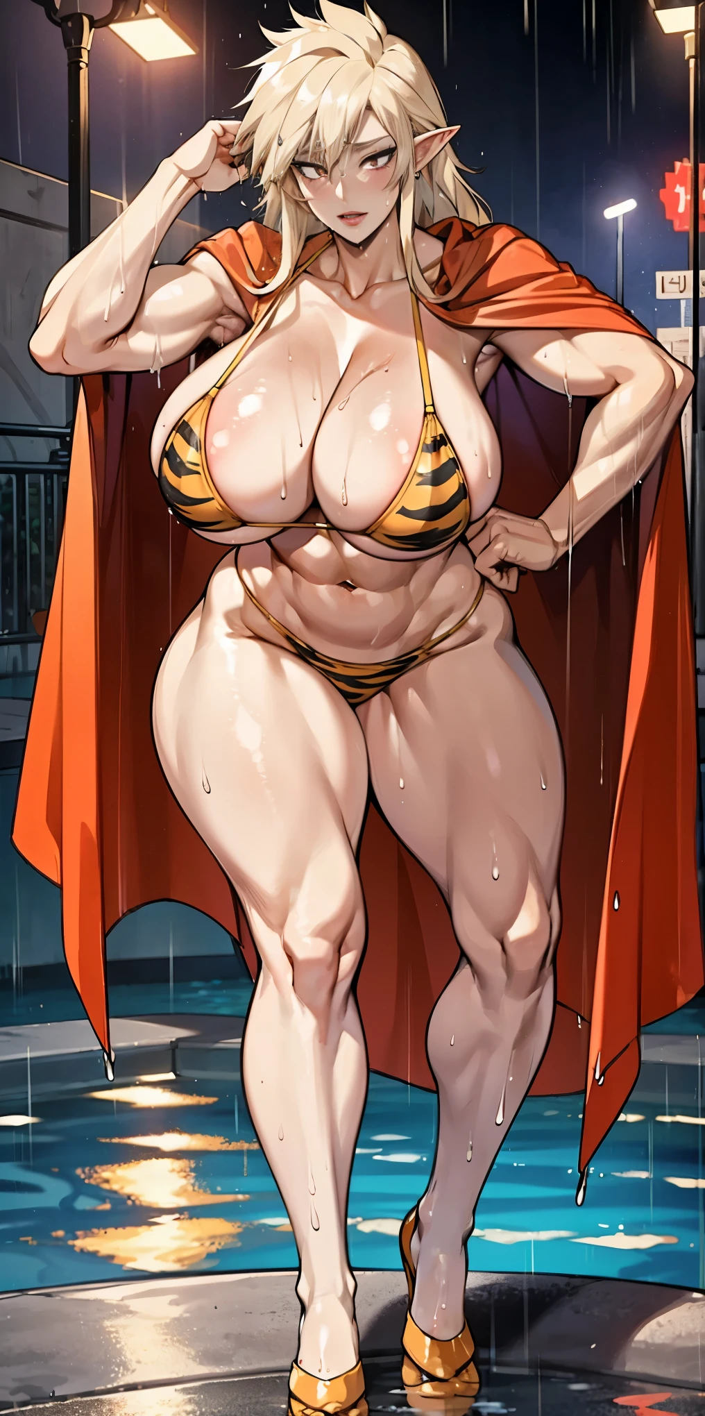 Full body, masterpiece, 1solofemale drow elf purple skin standing pose (yellow tiger bikini) red cape, red bikini, long white hair, strong body, abs, Ultra Quality, shiny skin, Atmospheric, 8K, Cinematic ((Street background)) BREAK, sunglasses (wet rainy, wet by rain, wet body :1.2) ultra-detailed face, detailed lips, detailed eyes, double eyelid, sensual low-necked dress, open neckline, hanging breasts, side pose, visible curves, pool, poolside, red transparent robe, sunglasses, muscular turned leg