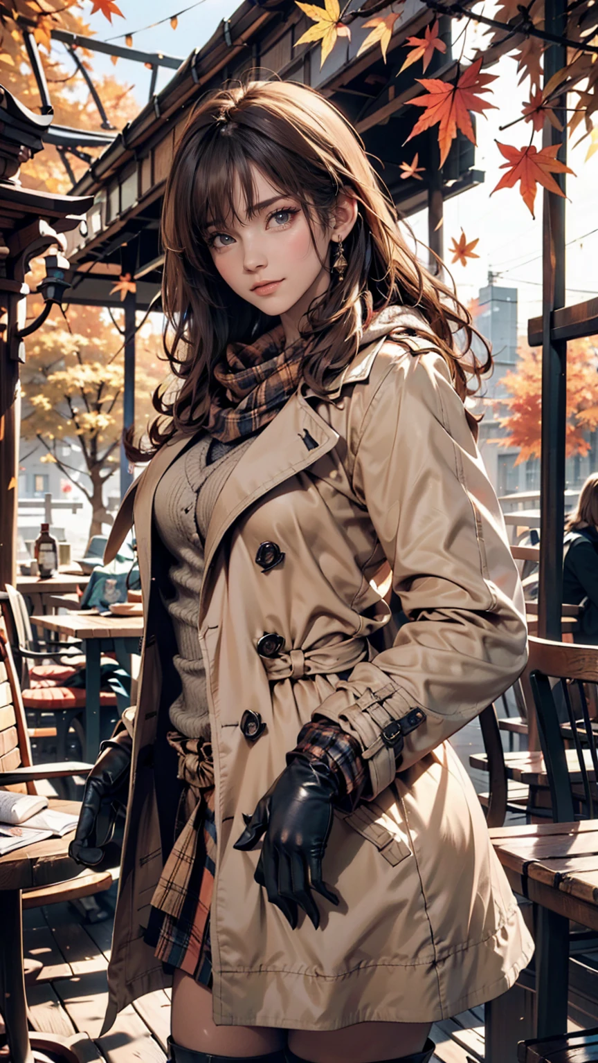 A woman in her twenties with autumn leaves in the background、Layered fashion for autumn。Beige trench coat、plaid scarf、boots、Wear gloves、A relaxing atmosphere like being in a book cafe
