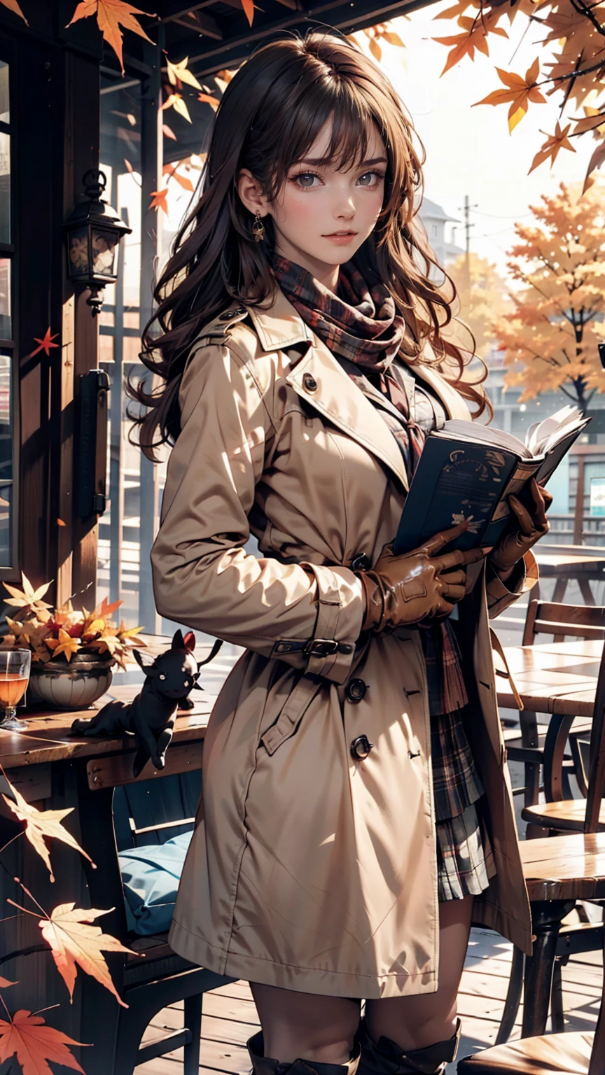 A woman in her twenties with autumn leaves in the background、Layered fashion for autumn。Beige trench coat、plaid scarf、boots、Wear gloves、A relaxing atmosphere like being in a book cafe