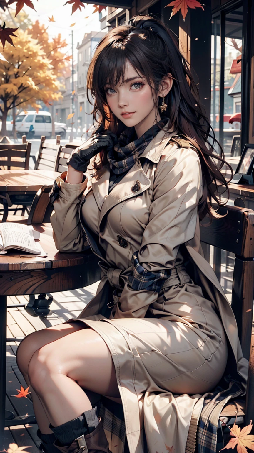 A woman in her twenties with autumn leaves in the background、Layered fashion for autumn。Beige trench coat、plaid scarf、boots、Wear gloves、A relaxing atmosphere like being in a book cafe