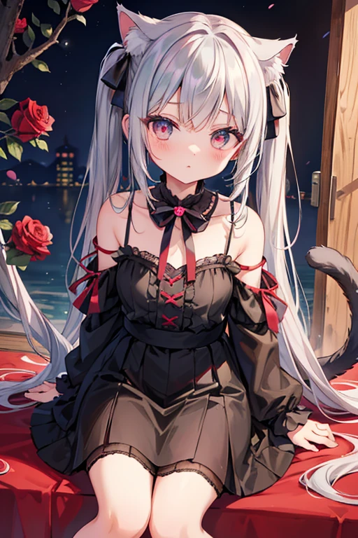 Gray Hair,Half Twin,,Eyes are red,Gray Hairのアニメ風,背景はRose,Hair is about shoulder length,Twin tails up to the neck,A little more perspective,背景はRose園,Sitting,The tail is growing,Half Twinに黒のリボンを巻いてる,背景が一面のRose,Twin tails down to the neck,Long black ribbon,Rose,Tie a ribbon in your hair,The tail is three colors,Tree Eyes,Confused eyes,The cat's tail is growing,Black Pants