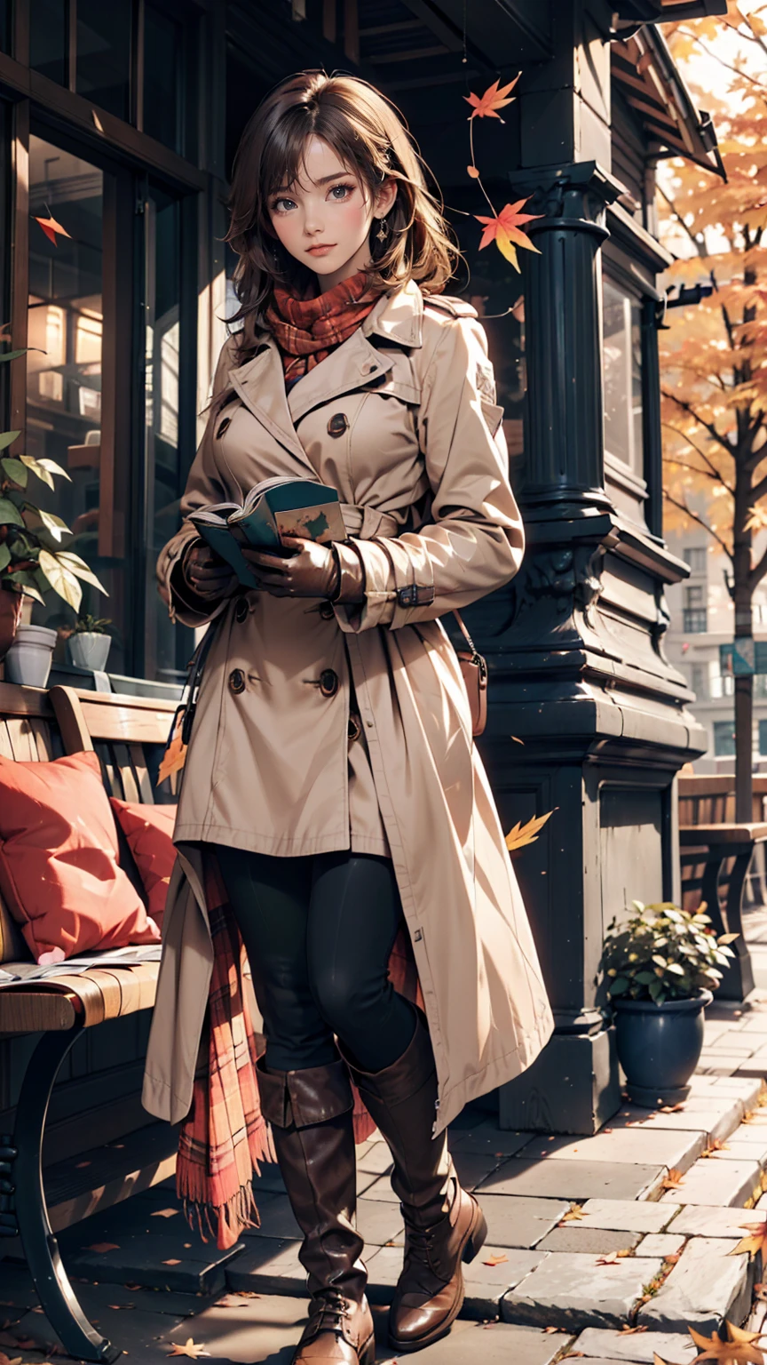 A woman in her twenties with autumn leaves in the background、Layered fashion for autumn。Beige trench coat、plaid scarf、boots、Wear gloves、A relaxing atmosphere like being in a book cafe