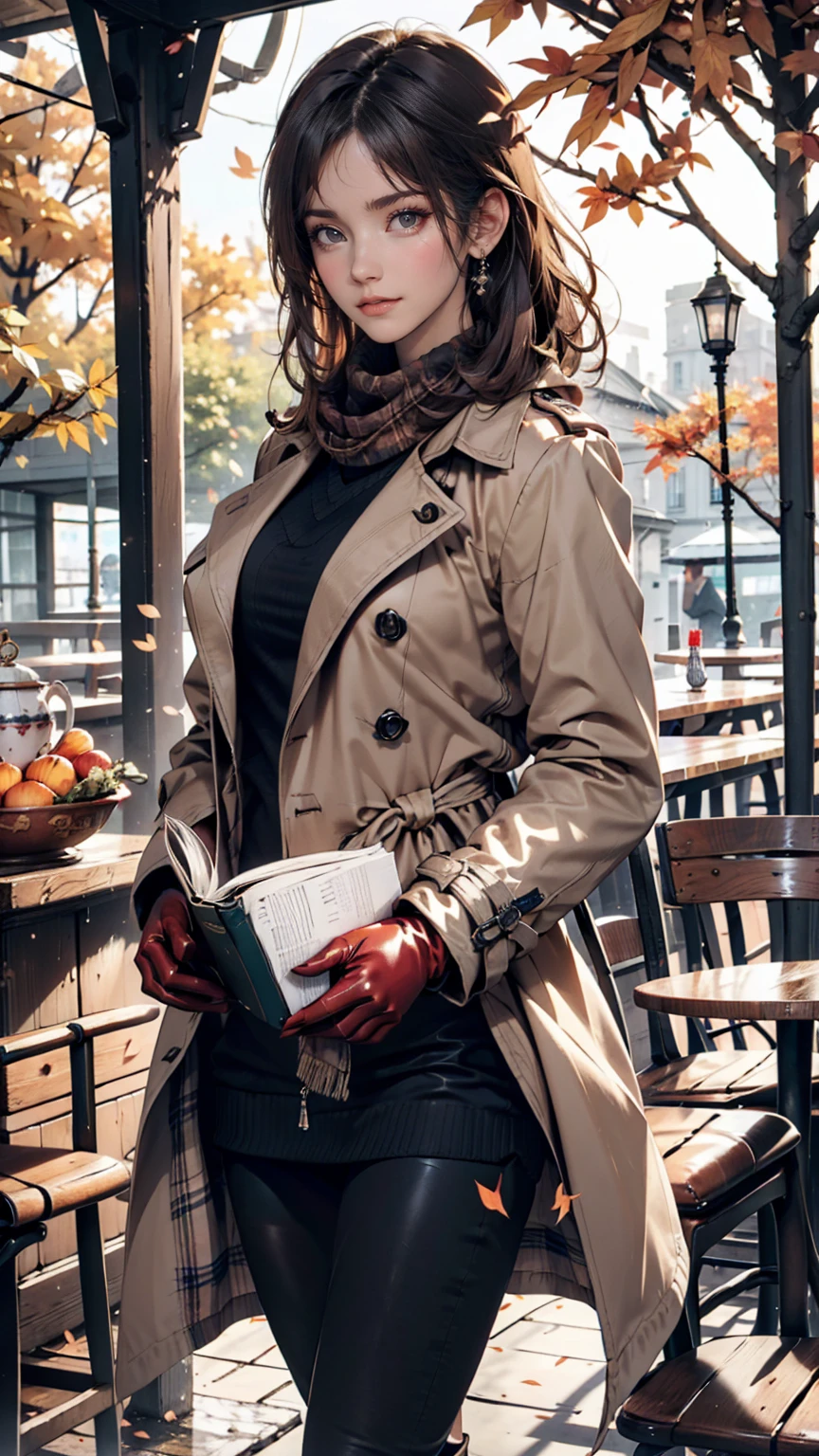 A woman in her twenties with autumn leaves in the background、Layered fashion for autumn。Beige trench coat、plaid scarf、boots、Wear gloves、A relaxing atmosphere like being in a book cafe