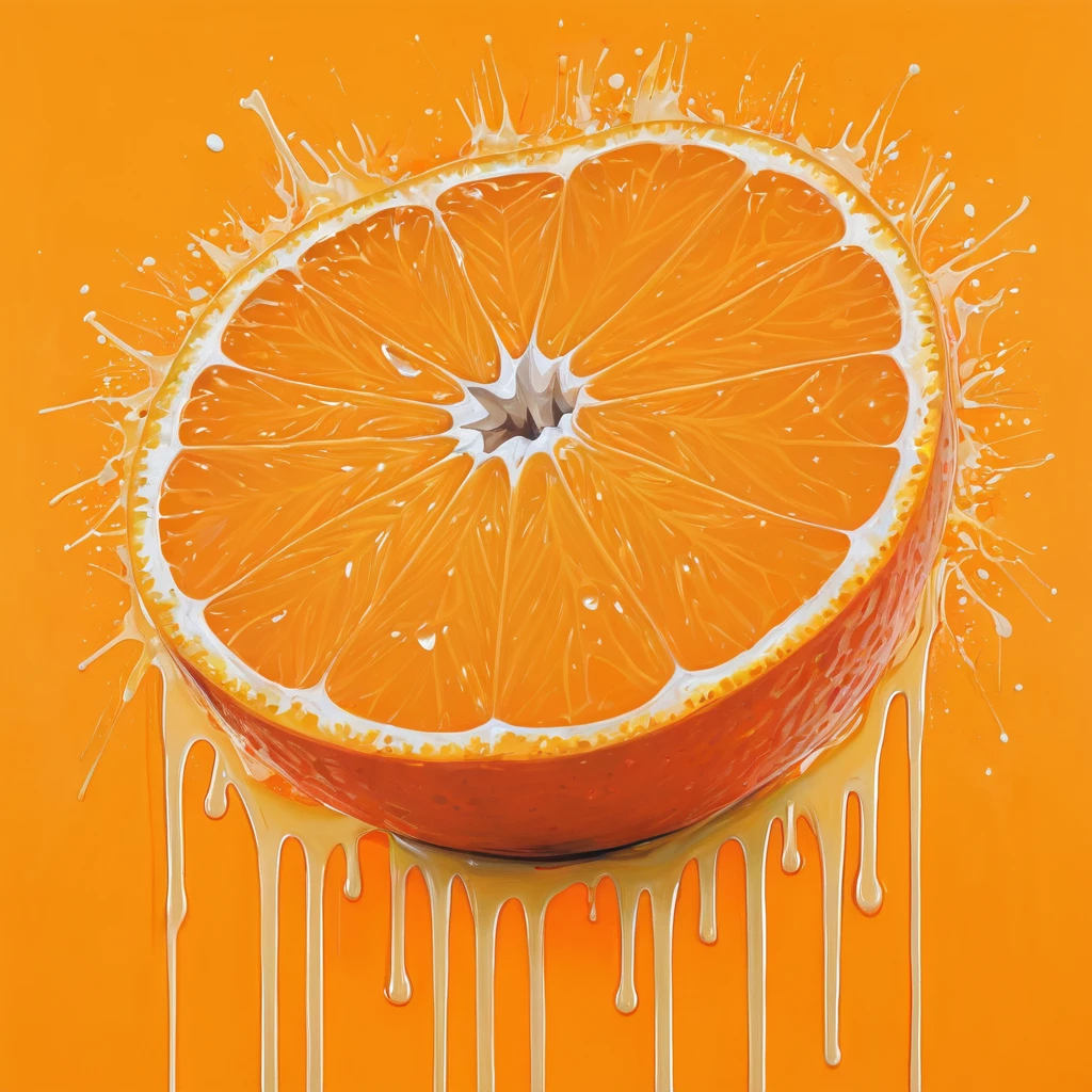 Graffiti, scribble, Comics by Petra Cortright, best quality, masterpiece, an orange cut in half an orange juice dripping from it artwork, Representative work, official art, Professional, Ultra intricate detailed, 8k, orange cut in half and orange juice dripping from it art, colourful background 