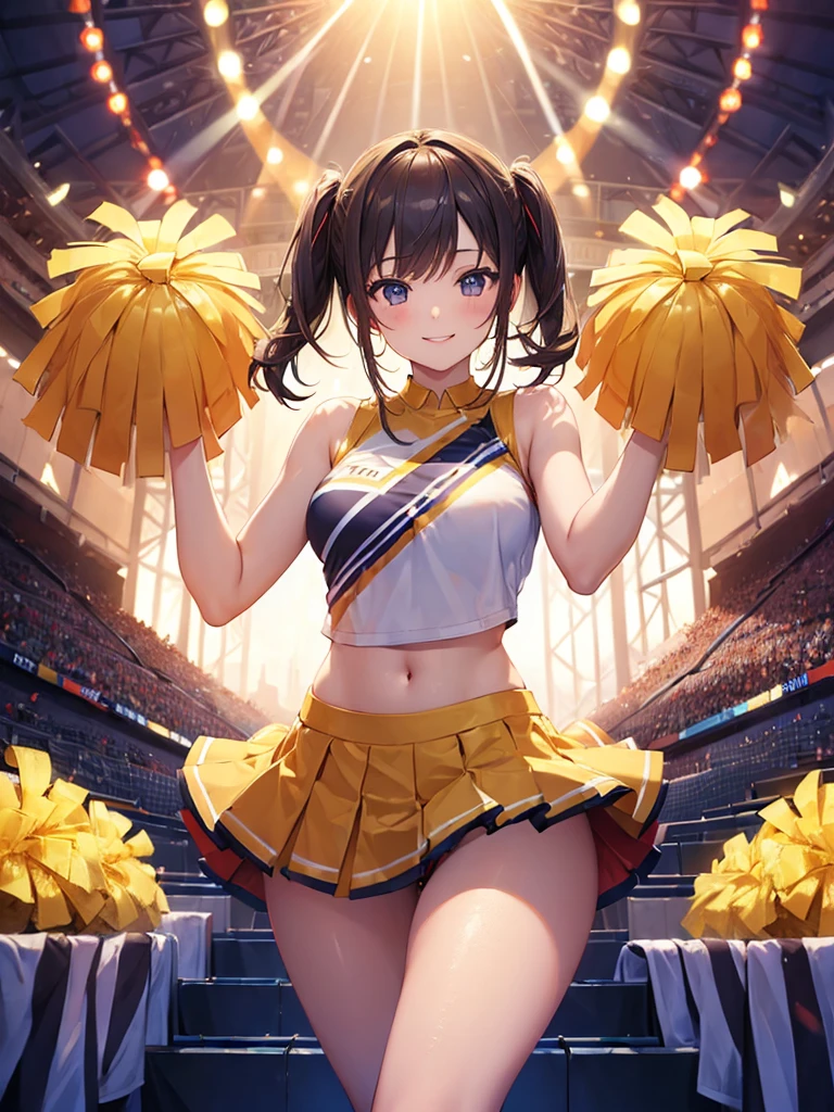 (masterpiece:1.5),(Beat quality),(high res),1girl solo,smile,light effects,Cheerleading costume girl,Stadium