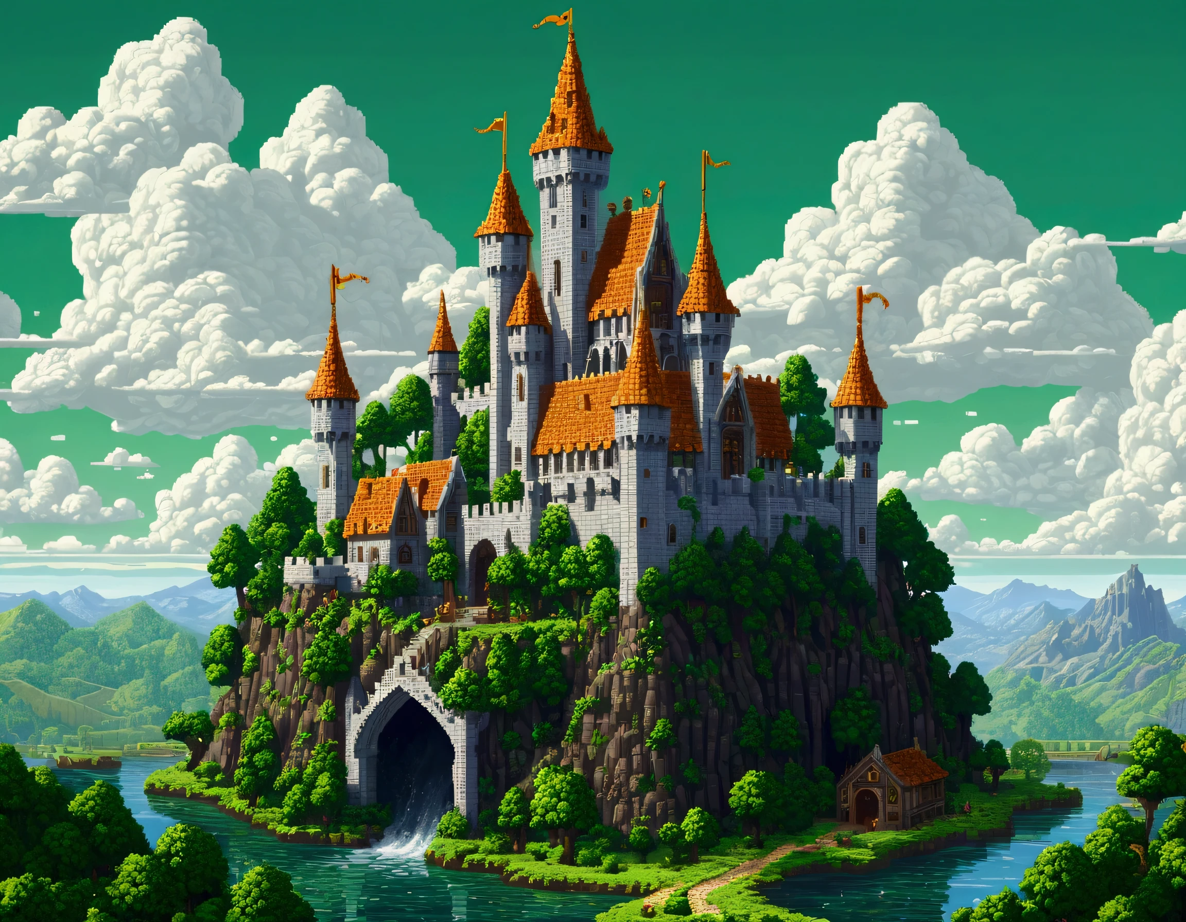 ( bit Pixel art),Elf Kingdom game scene, Green Banner, White Castle, squirt, Medieval Fantasy, Cloudy, Pixel art, Game loading scene, Pixel Games, Medieval House, Highest quality, masterpiece, Talked about at the art station, Very detailed