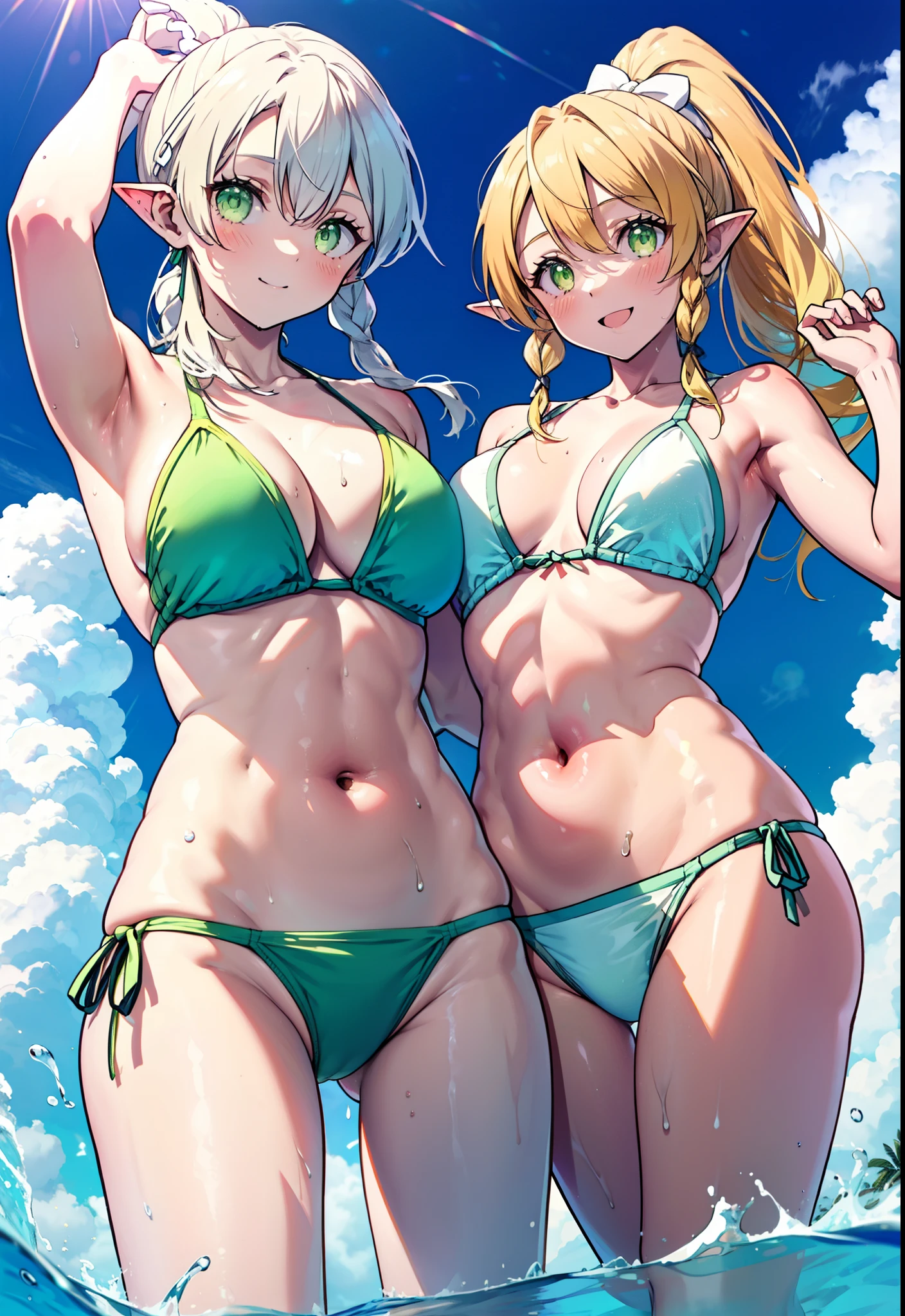 Suguhakirigaya, Suguhakirigaya, Long Hair,blonde,Green Eyes,Pointed Ears,ponytail,Hair Ribbon,Short braid,Big Breasts,Green bikini swimsuit,barefoot,Wet Skin,Wet Hair,Wet swimsuit,Water Play,True Summer,Daytime,Clear skies,happy smile,smile, Open your mouth,whole bodyがイラストに入るように,
break outdoors, Beach,
break looking at viewer, whole body,(Cowboy Shot:1. 5)
break (masterpiece:1.2), Highest quality, High resolution, unity 8k wallpaper, (shape:0.8), (Beautiful attention to detail:1.6), Highly detailed face, Perfect lighting, Highly detailed CG, (Perfect hands, Perfect Anatomy),