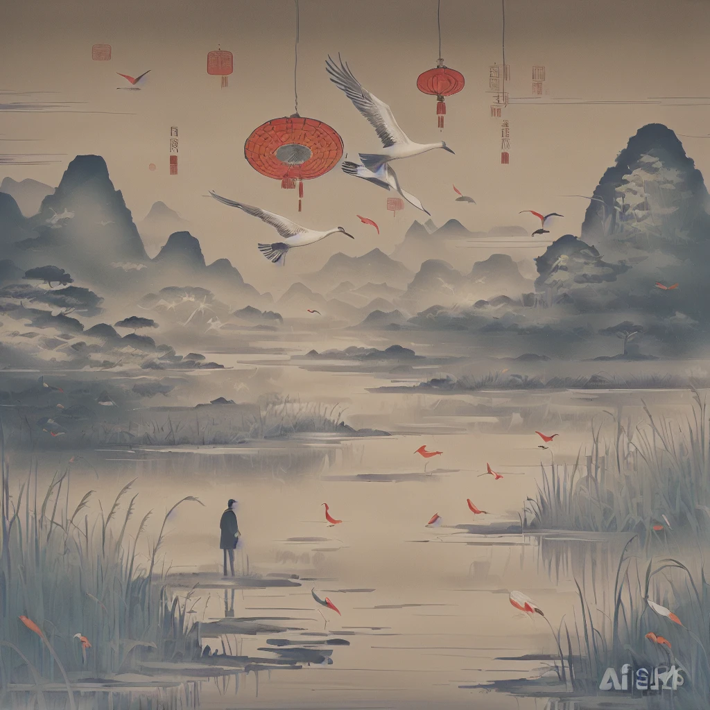 high quality，Chinese style，poster design，In the painting, a man stands in the swamp and observes the environment，Character enlargement，A flock of birds flying over the water,Remove watermark，Hand Painted，Chinese style海报，Chinese painting style, In the peaceful scenery, A beautiful artistic illustration, 