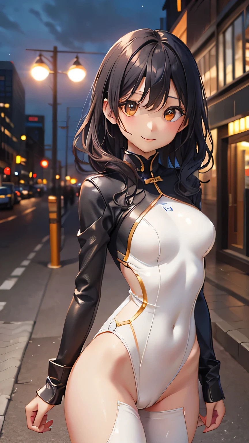 highest quality、Realistic、female、zoom、Orange Eyes、Short black wavy hair、Tempered body、A revealing hero suit、Open suit、Glossy white bodysuit、Blue and gold accents、lingerie、slender、Dark Skin、smile、Downtown at night、Bust Shot、