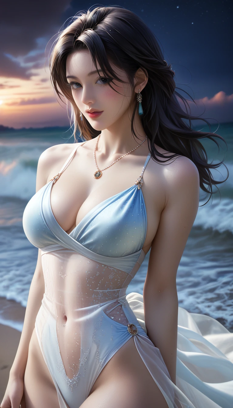 score_9, score_8_superior, score_7_superior, Masterpieces with up to 16K resolution,Highest quality,it is really amazing,Very detailed,Ultra-high resolution,(Ultra-realistic:1.1),(Realistic:1.1),Increased depth of field,Cinematic lighting,
Elegant Japanese MILF,
Long black hair,Ultra-detailed and beautiful faces,Translucent white skin,Very detailedな肌,
(Elegant swimwear:1.1),
Bold design,Artistic design,Beautiful and detailed pattern,Detailed fabric texture,
Gorgeous necklace,Earrings,
(Bali Beach:1.1),(Dark beach at night:1.1),(Deserted beach:1.1),(A pitch black night sky with dark clouds:1.1),
(Cinematic Angle:1.2),