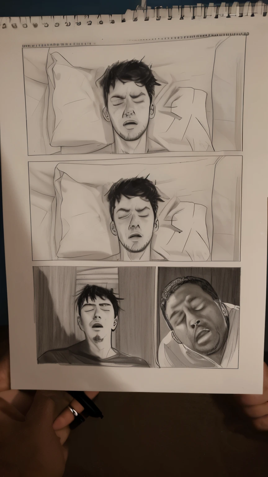 A sketch white and black showing a Guy sleep and then wake UP afraid