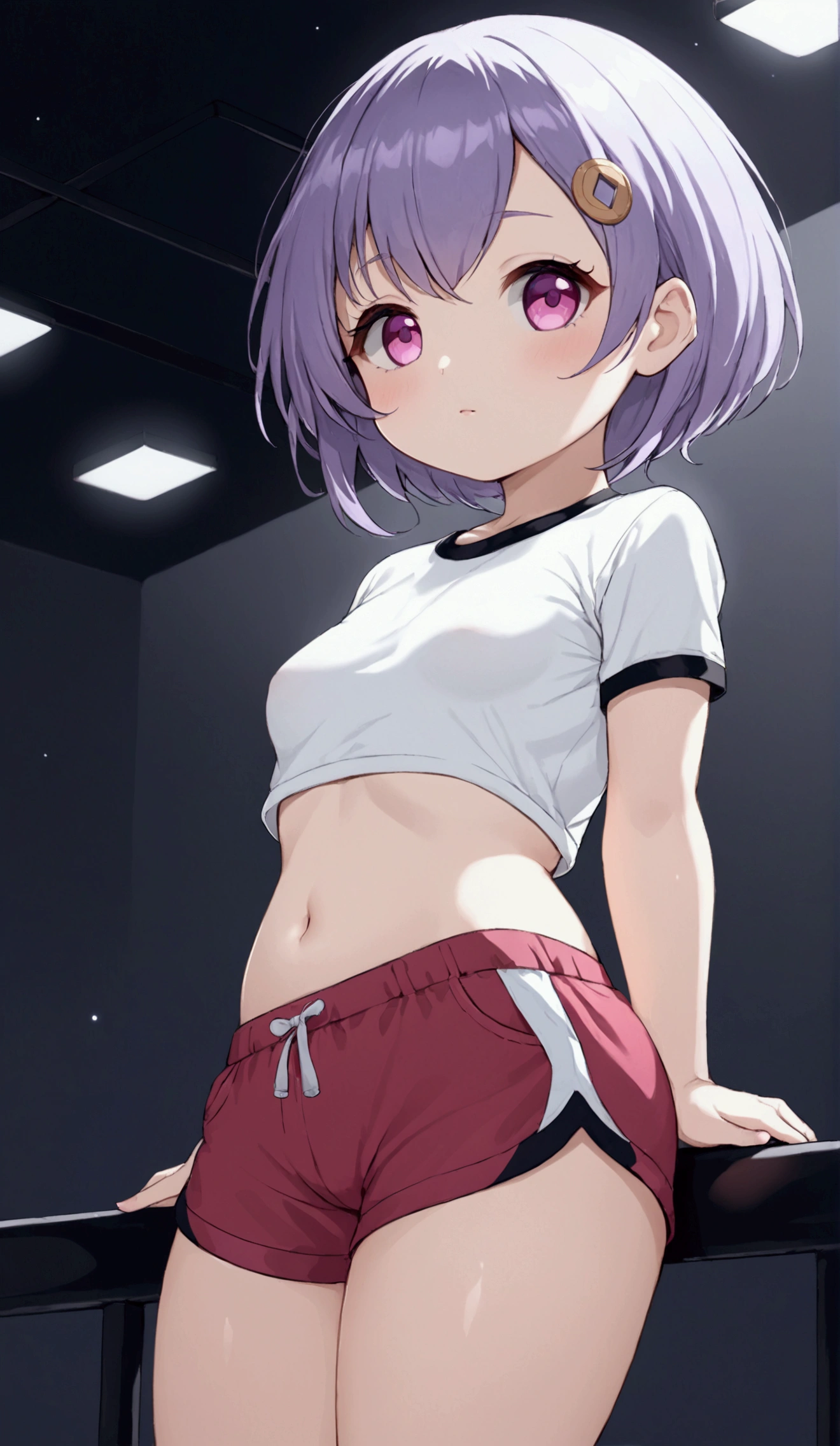 masterpiece, qiqidef, , standing, shiny skin, navel, (lifting shirt), black panty, white t-shirt, unclothed, no clothes, looking at viewer, (from below:1.2), cinematic lighting, purple hair, rose eyes, short hair, naked, white background, smoll stature, flat cheast, flat tits, show pussy, unclothed. medium thighs, small breasts, 1 girl, one girl, small stomach, curvy waist, round butt, small belly, clear skin, 1 girl, cute girl, smoll tits, red shorts, show pussy, gym clothes, sitting, curvy waist, good butt, one girl, 1 girl, 1 girl