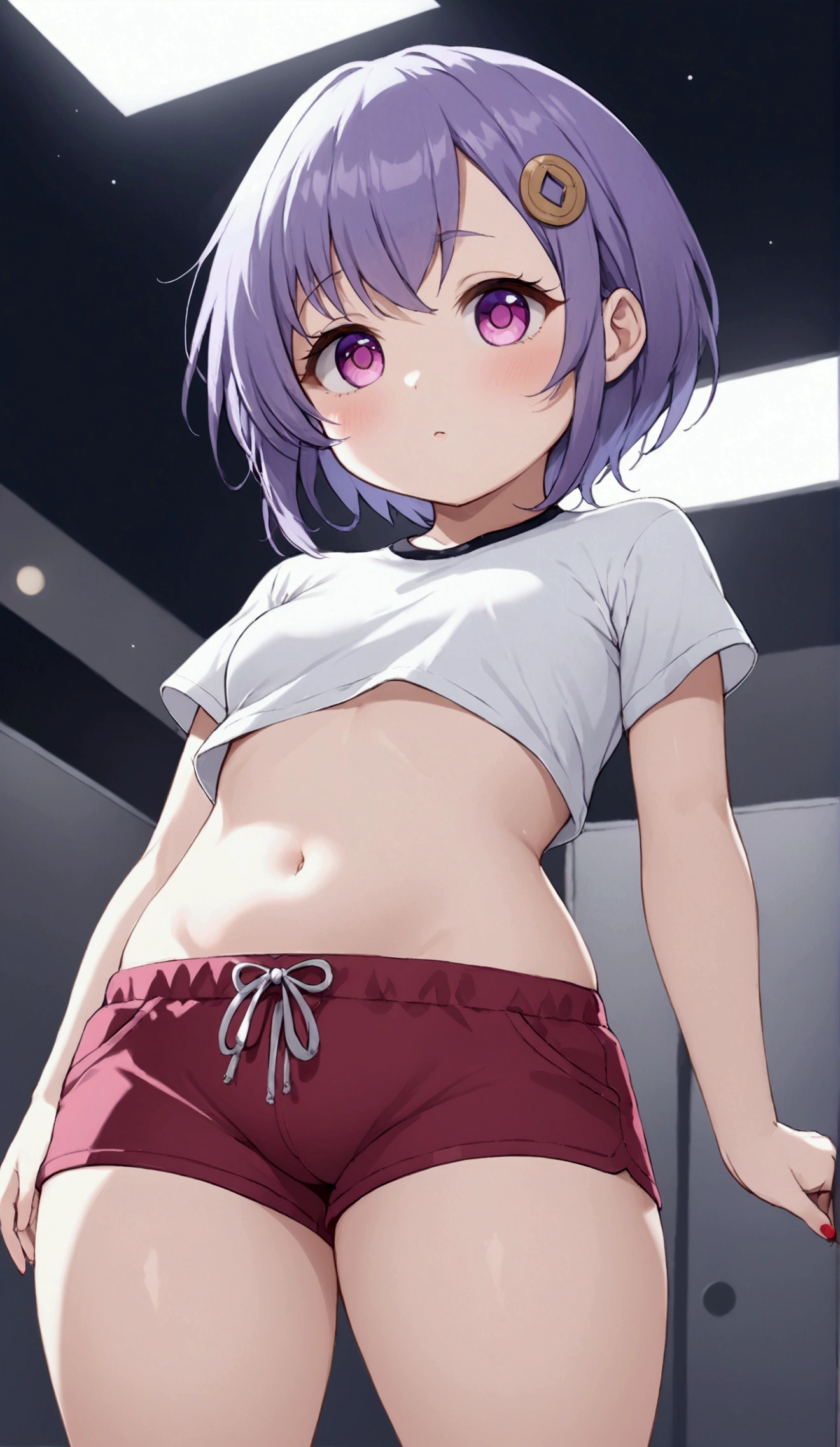 masterpiece, qiqidef, , standing, shiny skin, navel, (lifting shirt), black panty, white t-shirt, unclothed, no clothes, looking at viewer, (from below:1.2), cinematic lighting, purple hair, rose eyes, short hair, naked, white background, smoll stature, flat cheast, flat tits, show pussy, unclothed. medium thighs, small breasts, 1 girl, one girl, small stomach, curvy waist, round butt, small belly, clear skin, 1 girl, cute girl, smoll tits, red shorts, show pussy, gym clothes, sitting, curvy waist, good butt, one girl, 1 girl, 1 girl