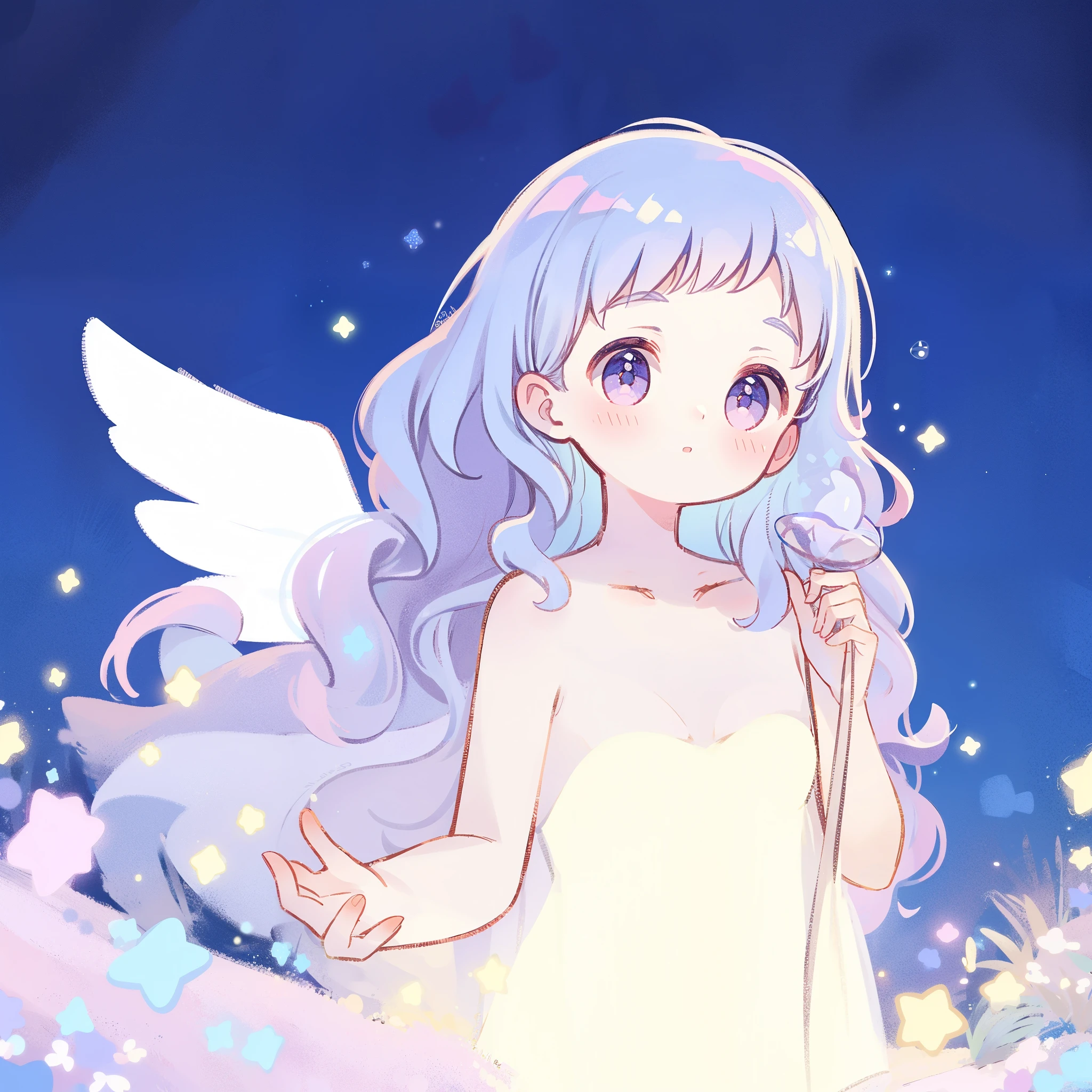 nude angel girl wearing an ethereal translucent dress, pale skin, ((wavy gradient blue purple hair)), white feathers, angel wings, sparkling detailed eyes, golden ratio face, perfect composition, highly detailed, ethereal, (starry night sky background), midjourney style