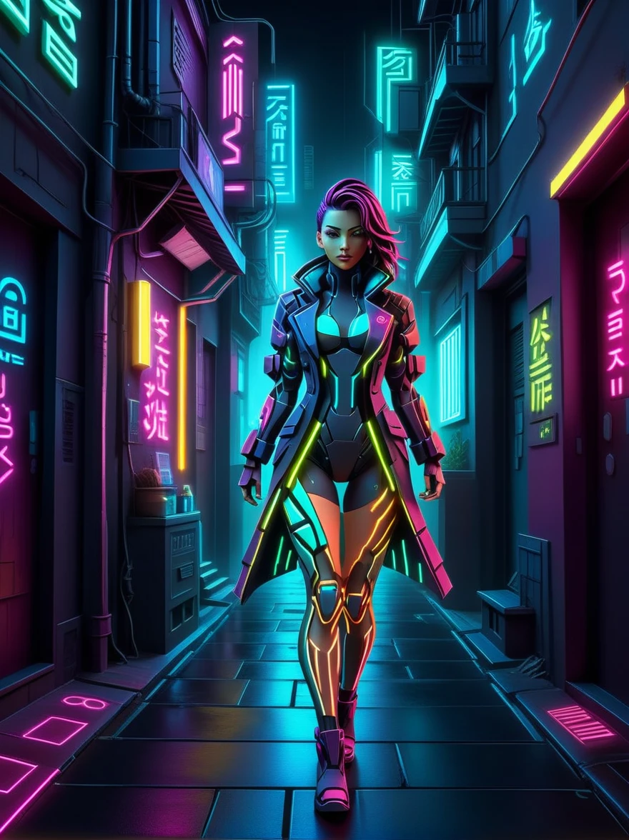 woman walking towards viewer, cyberpunk alley, glowing papercut, mad-cybrpprct1, neon lights (masterpiece:1.2), best quality, (hyperdetailed, highest detailed:1.2), high resolution textures