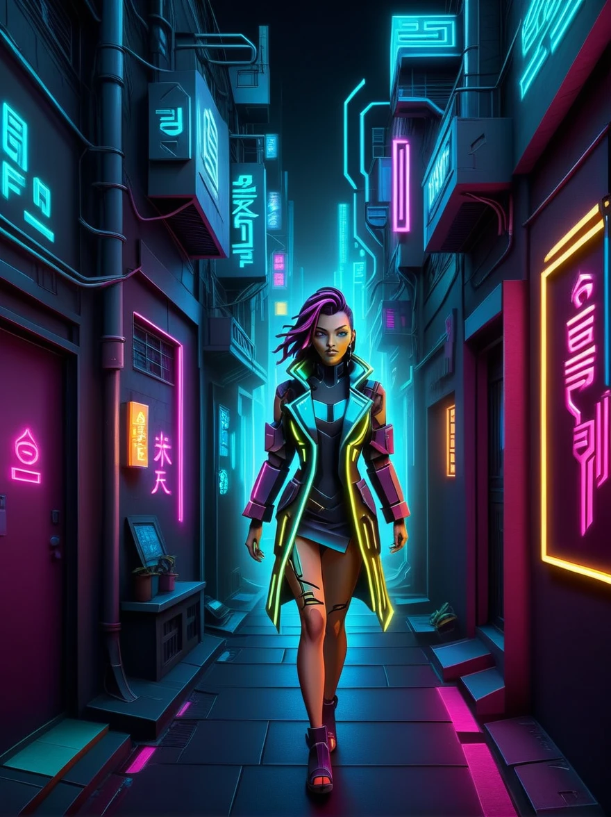 woman walking towards viewer, cyberpunk alley, glowing papercut,  mad-cybrpprct1, neon lights   (masterpiece:1.2), best quality, (hyperdetailed, highest detailed:1.2), high resolution textures