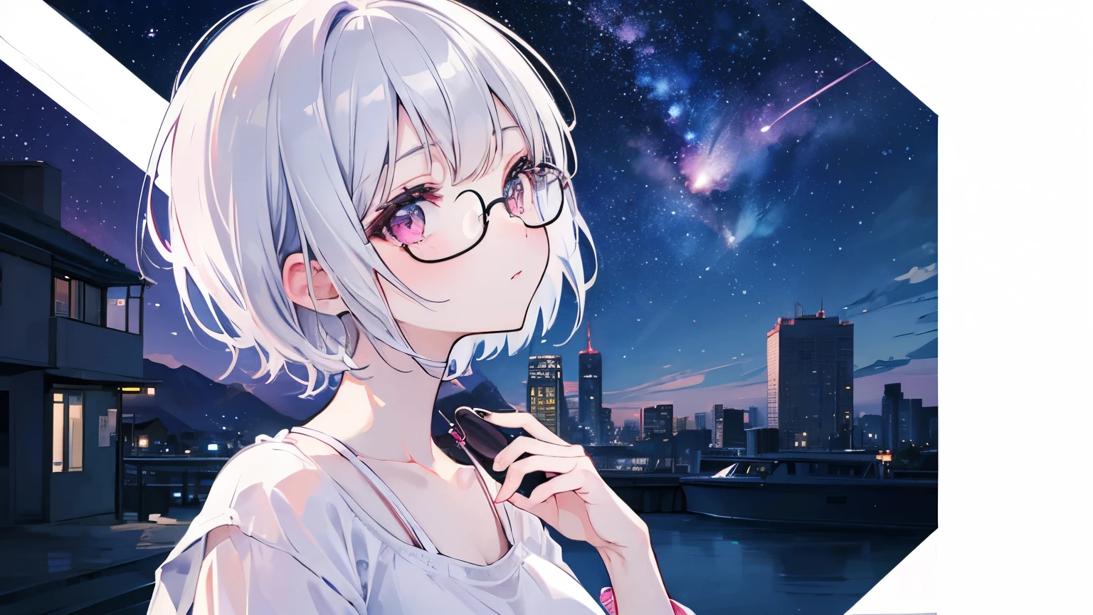 ((Highest quality)), ((masterpiece)), (detailed)、A girl with silver short hair and pink eyes looks up at the night sky in profile、Transparent、Summer sky、Panorama、Wear glasses、White casual clothes、America