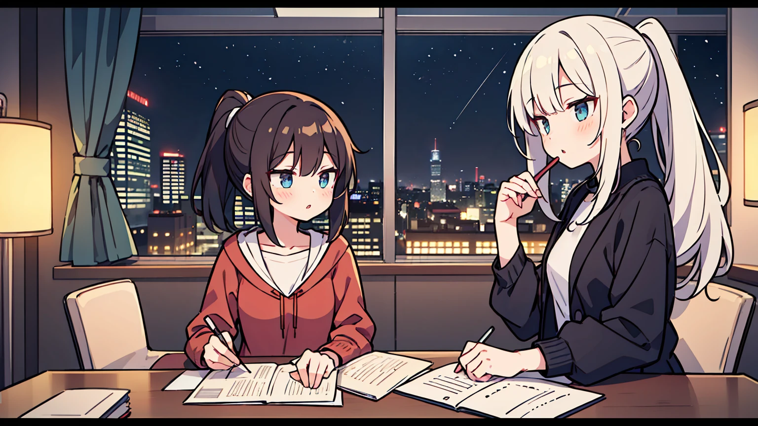 (masterpiece, best quality),2 women, different hair colors, different faces, ponytail, shot,letterboxed, perfection of fashion,chapped lips, casual attire, upper body, from the side,night,Floor-to-ceiling windows with a view of the busy city at night,Teaching students to study at a white office desk, eyes look at the note, together, stylish outfit,