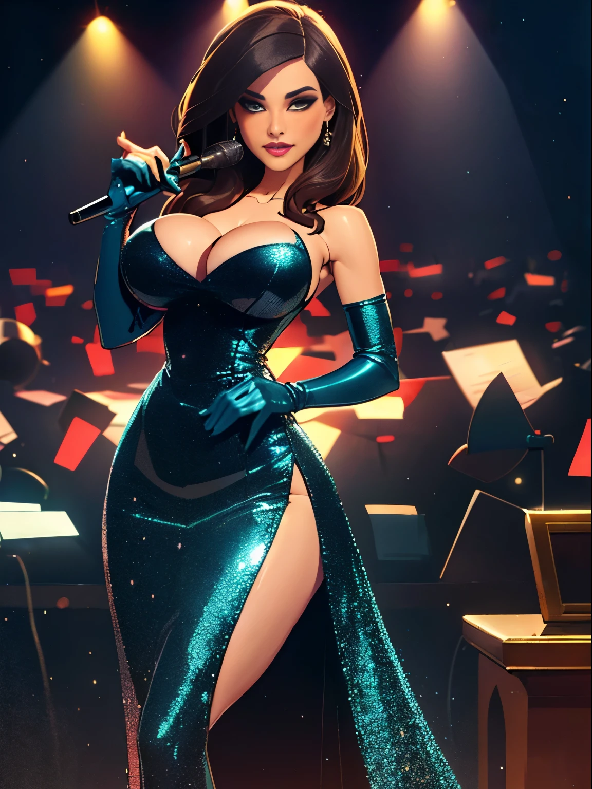 ((sultry, sexy, alluring)), Extremely busty brunette singer, fair skin, green eyes, long sexy hair, vintage style, (((large nose))), soft face, athletic, ((gigantic breasts, cleavage)), dark blue glitter dress, sequined sparkling dress, long dark blue gloves, tight blue dress, long dress, off-shoulder, strapless, ((sleeveless)), cleavage, vintage club, singing, stage, spotlight, microphone, (((Balsamique)))