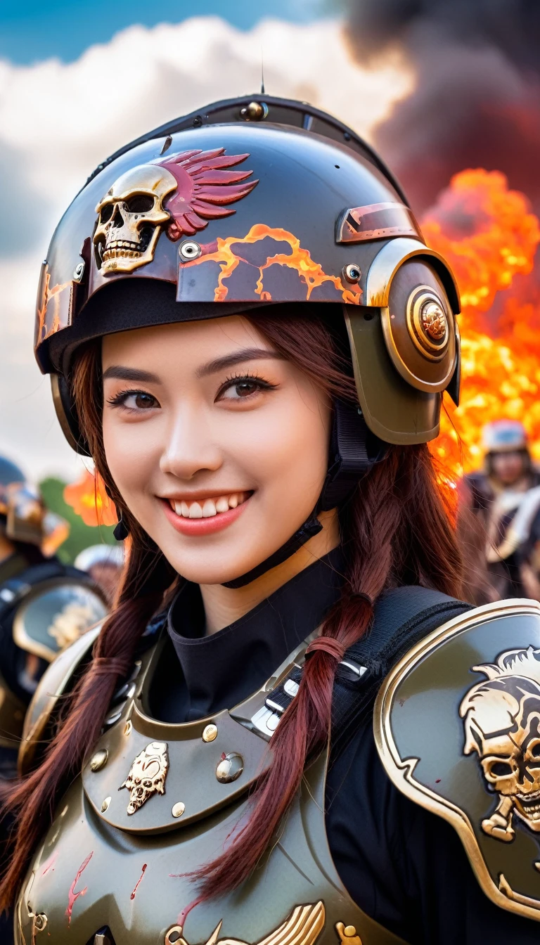 Close-up of a ((extremely beautiful girl warior)) , half human, half beast, their faces a bit partially obscured by military helmets. Their eyes are filled with hapiness and longing. The background is a trail of blood and violence. SHe wears a mechanized robot armor, carved with animal elements, human skulls. The sky is filled with swirling, fiery clouds. The photo conveys a strong sense of the warrior's appearance, ((smiling))