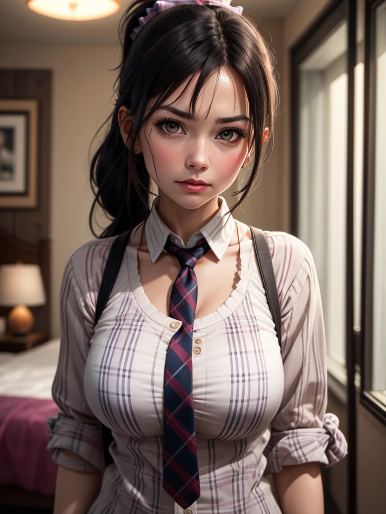 score_9,score_8_up,score_7_up, miiyamotohikari,1girl,solo, vignetting,blurry background, realistic,black hair,ponytail,bangs,scrunchie,pink scrunchie, brown eyes, , huge nude tits,necktie,plaid necktie,blue plaid necktie, indoors,bedroom, looking at viewer,rejection,resistance,unhappy,closed mouth,lips,medium breasts, upper body,portrait,face focus,