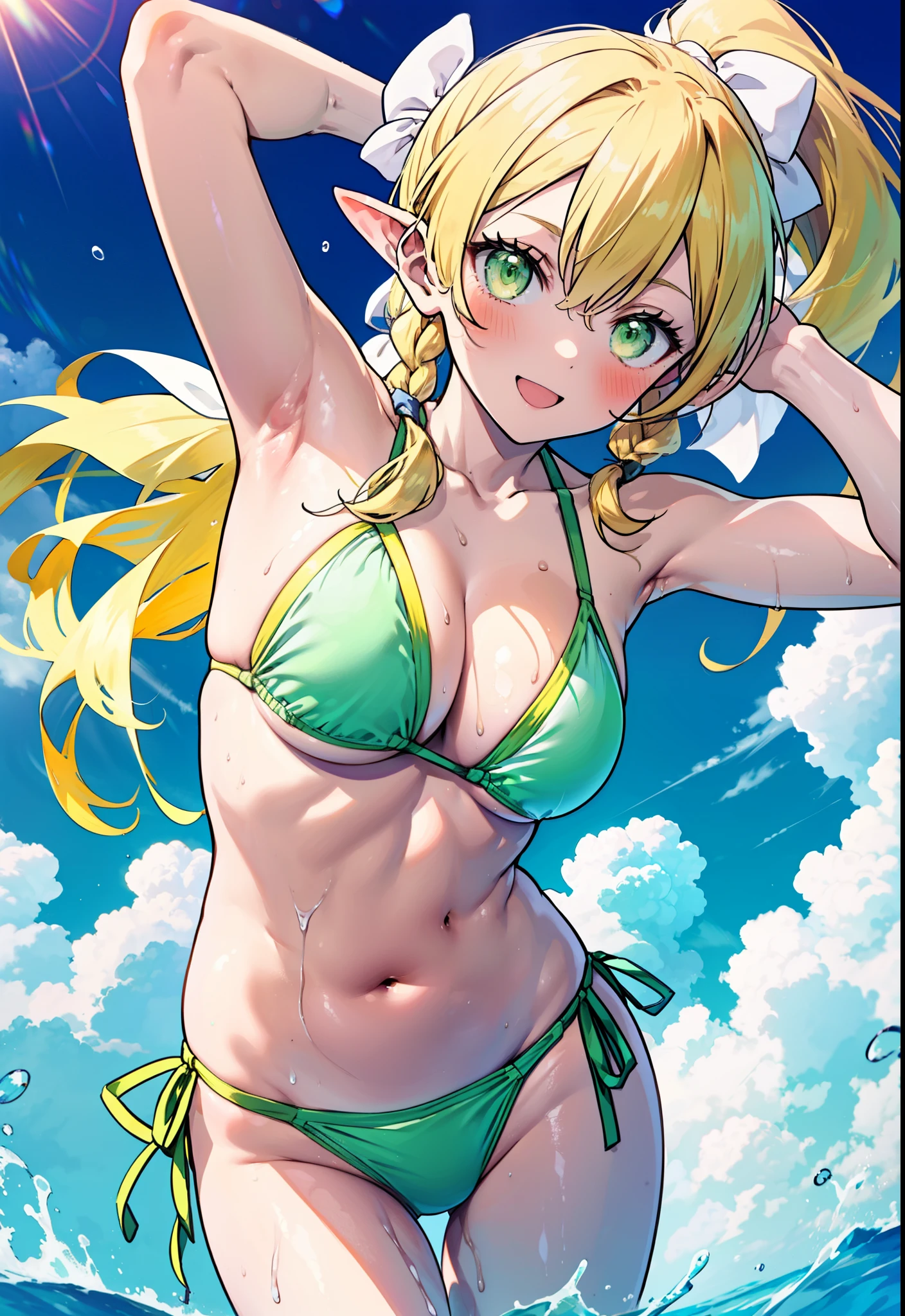 Suguhakirigaya, Suguhakirigaya, Long Hair,blonde,Green Eyes,Pointed Ears,ponytail,Hair Ribbon,Short braid,Big Breasts,Green bikini swimsuit,barefoot,Wet Skin,Wet Hair,Wet swimsuit,Water Play,True Summer,Daytime,Clear skies,happy smile,smile, Open your mouth,whole bodyがイラストに入るように,
break outdoors, Beach,
break looking at viewer, whole body,(Cowboy Shot:1. 5)
break (masterpiece:1.2), Highest quality, High resolution, unity 8k wallpaper, (shape:0.8), (Beautiful attention to detail:1.6), Highly detailed face, Perfect lighting, Highly detailed CG, (Perfect hands, Perfect Anatomy),