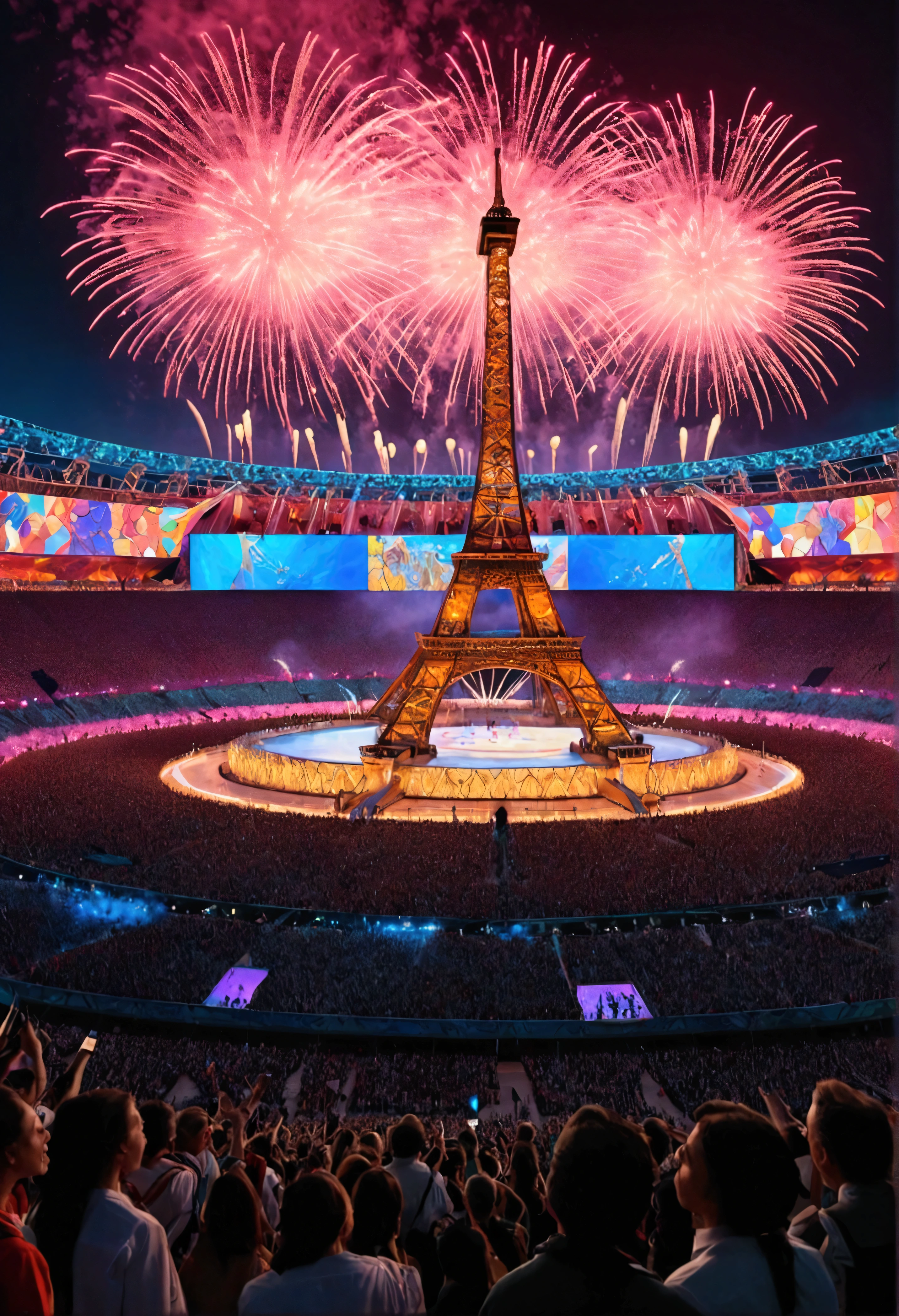 Epic Olympic opening ceremony, cinematic, 8k, art by Alphonse Mucha, detailed crowd in national costumes, grand stage with diverse performers, dazzling fireworks, vibrant digital displays, Olympic rings, night sky, golden hour lighting, energetic atmosphere, unity in diversity, aerial view