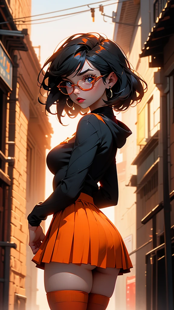 harley quinn, (rear view, backside view),score_9, score_8_above, score_7_above, score_6_above, Classification_explicit, 1 girl, ((18 years:1.2)), adult, full lips, ((by rubio:1)), (cabello ondulado long: 1.2),(La Best Quality,A high resolution,Ultra - detailed,actual),  Velma Dace Dinkley, (from the Scooby Doo series), in a red dress and orange tights posing for a photo., (thighs and skirt:1.4) , light red and orange mood intenso, (Velma:1.4) , light red and orange mood, all red,(pleated orange  miniskirt :1.4),(realistic glasses :1.4), pale red,( wearing skirt and high socks:1.4) , (Red and orange color scheme) , Red clothes, a wide and complete plan, orange body, Vibrant but gloomy orange, (background alley walls big stones :1.4), (perfect hands detailed : 1.5) , (Face details: 1.5, bright blue eyes, beautiful face, pretty eyes, Iris lining, thin lips: 1.5, delgado, pale and sharp eyebrows, long, dark eyelashes, double tabs),(Velma Scooby Doo:1.4), (Velma v2.1), More detailed 8K.unreal engine:1.4,HD,La Best Quality:1.4, photorealistic:1.4, skin texture:1.4, masterpiece:1.8,masterpiece, Best Quality,object object], (detailed facial features:1.3),(The correct proportions),  (cowboy pose), ,( cyberpunk 2.1),( Teenma Dace Dinkley:1.4) , (from the Scooby Doo series), (showing panties :1.4), (orange high stockings :1.4) 