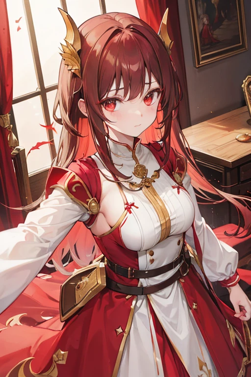 red dragon girl, shoulder length hair, with brown, white and red medieval dress and gold details