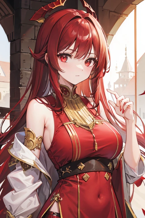 red dragon girl, shoulder length hair, with brown, white and red medieval dress and gold details