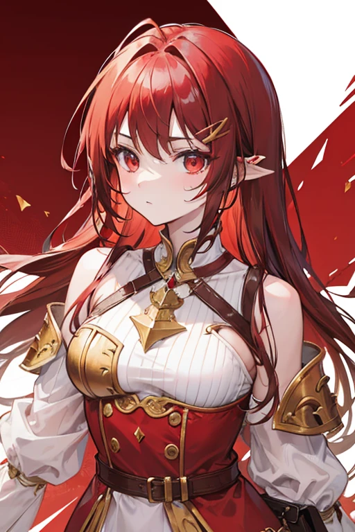 red dragon girl, shoulder length hair, with brown, white and red medieval dress and gold details