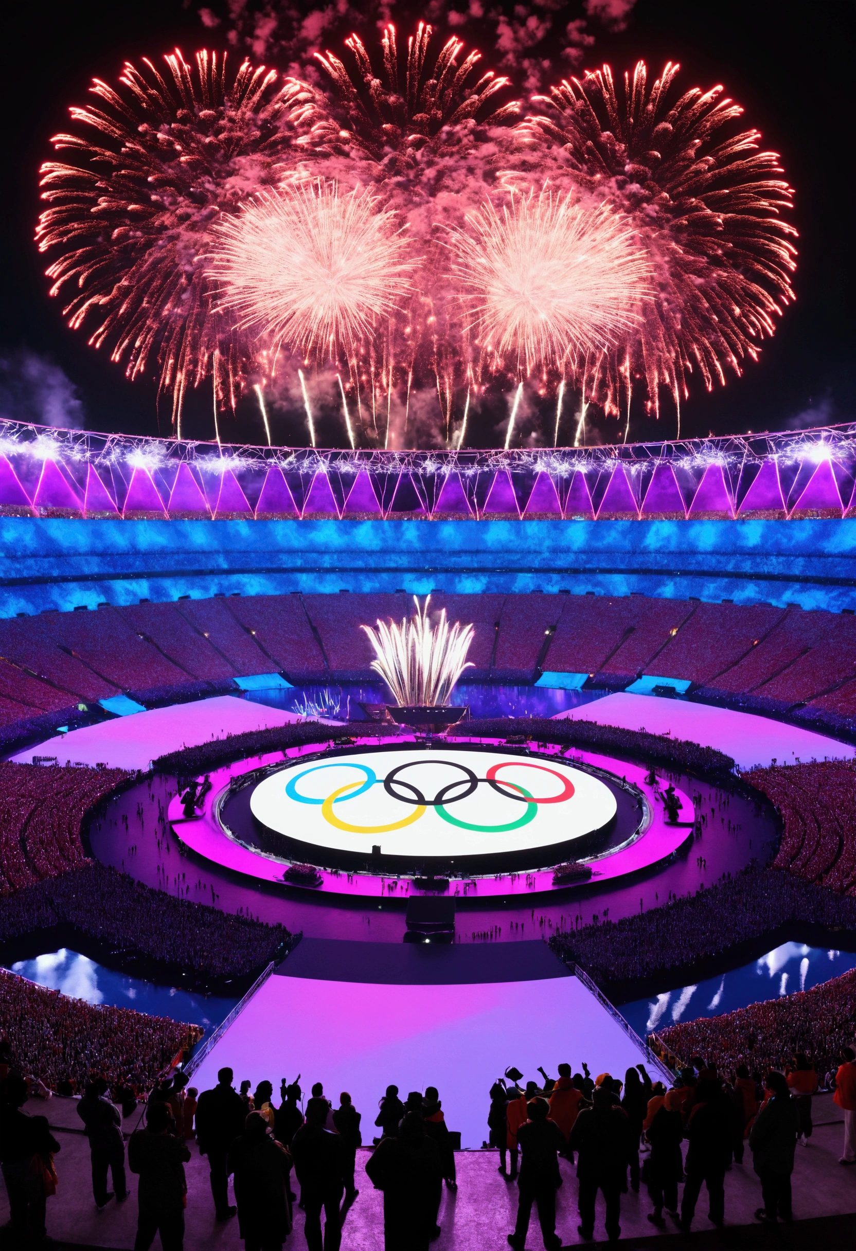 Olympic opening ceremony, cinematic, grand, festive, colorful, detailed, crowd, stage, performers, fireworks, national flags, digital displays, Olympic rings, night sky, spotlights, laser beams, vibrant, energetic, unity, diversity