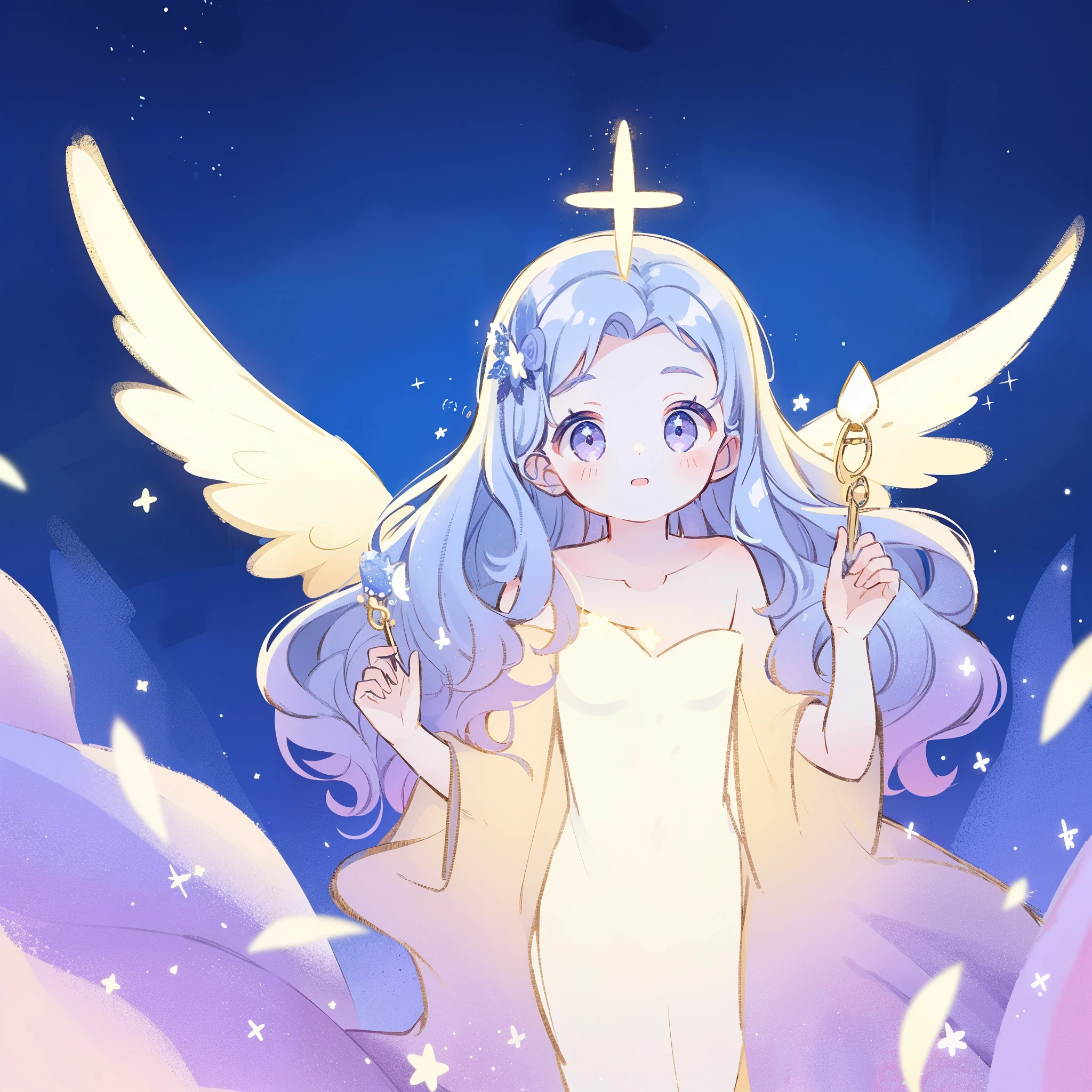 nude angel girl wearing an ethereal translucent dress, pale skin, ((wavy gradient blue purple hair)), white feathers, angel wings, sparkling detailed eyes, golden ratio face, perfect composition, highly detailed, ethereal, (starry night sky background), midjourney style