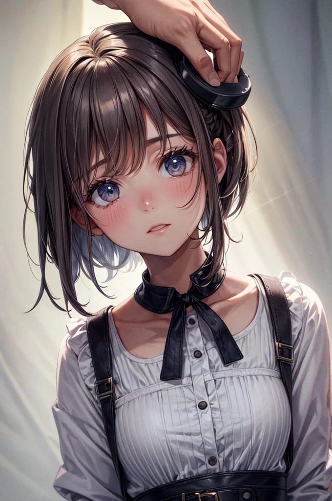 gro on the head and a collar on the neck that looks like it's missing a strap, has a short haircut , her hair color is orange almost yellow, and she has a perfect body like that of a busty milf, has pubic hair