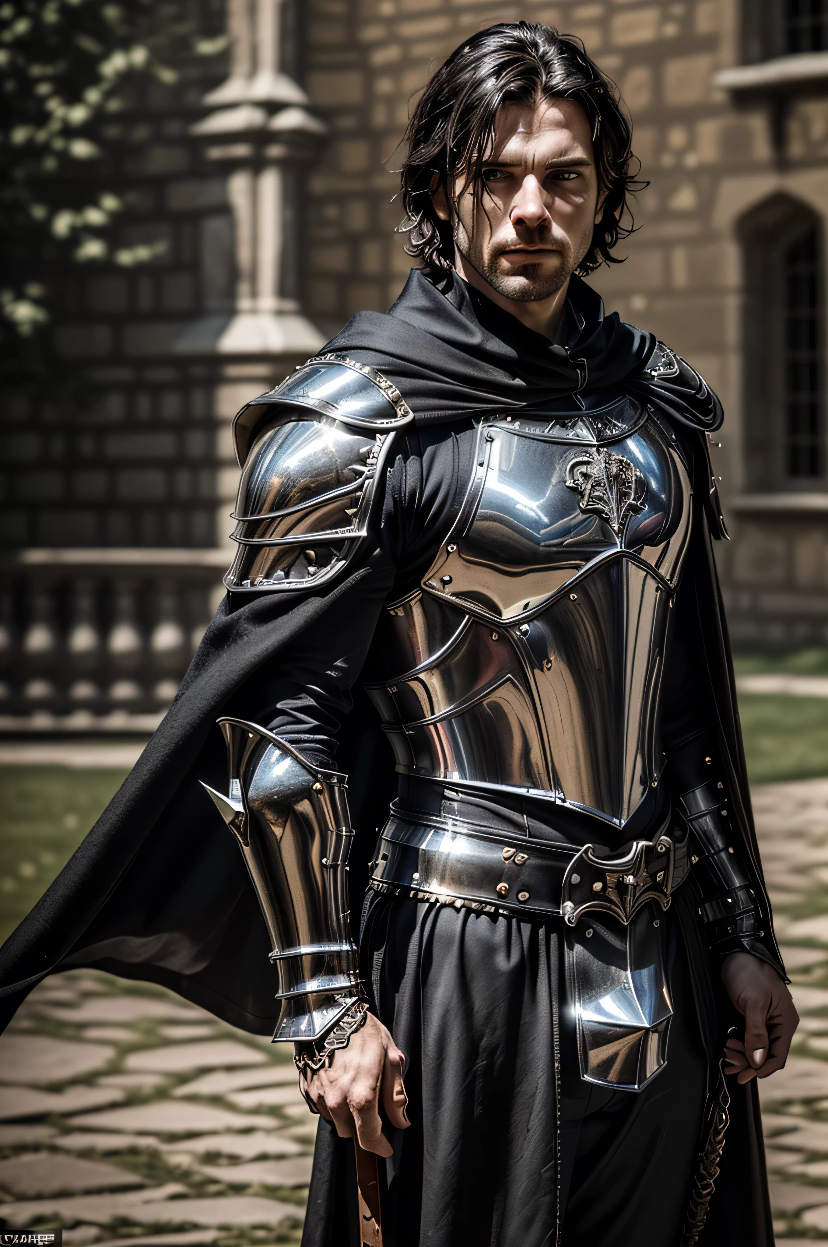 (masterpiece, photorealistic:1.4, extremely intricate:1.3), (photon mapping, radiosity, physically based rendering, ultra resolution, hyper-realistic, photorealistic:1.4, hyper-realistic, 8K), muscular man, ((black chrome late renaissance armor:1.4, chrome rivets (torso photograph), breastplate, black cloak), showing off his bulge, metal reflections, outdoors, medieval battlefield, intense sunlight, far away castle, moat, (glossblack hair, dynamic pose), sharp focus, dramatic, award winning, cinematic lighting, (film grain, bokeh, interaction)