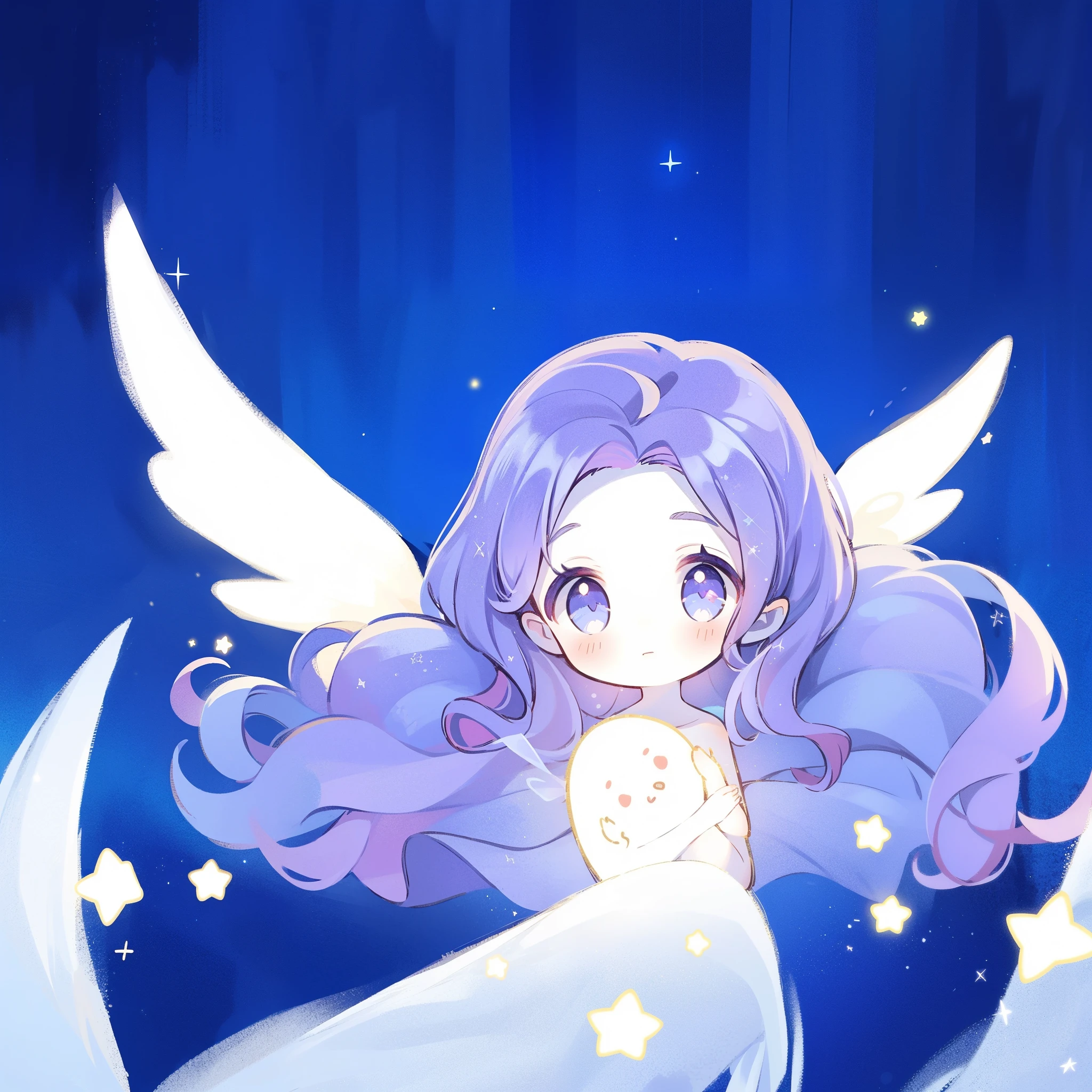 nude angel girl wearing an ethereal translucent dress, pale skin, ((wavy gradient blue purple hair)), white feathers, angel wings, sparkling detailed eyes, golden ratio face, perfect composition, highly detailed, ethereal, (starry night sky background), midjourney style