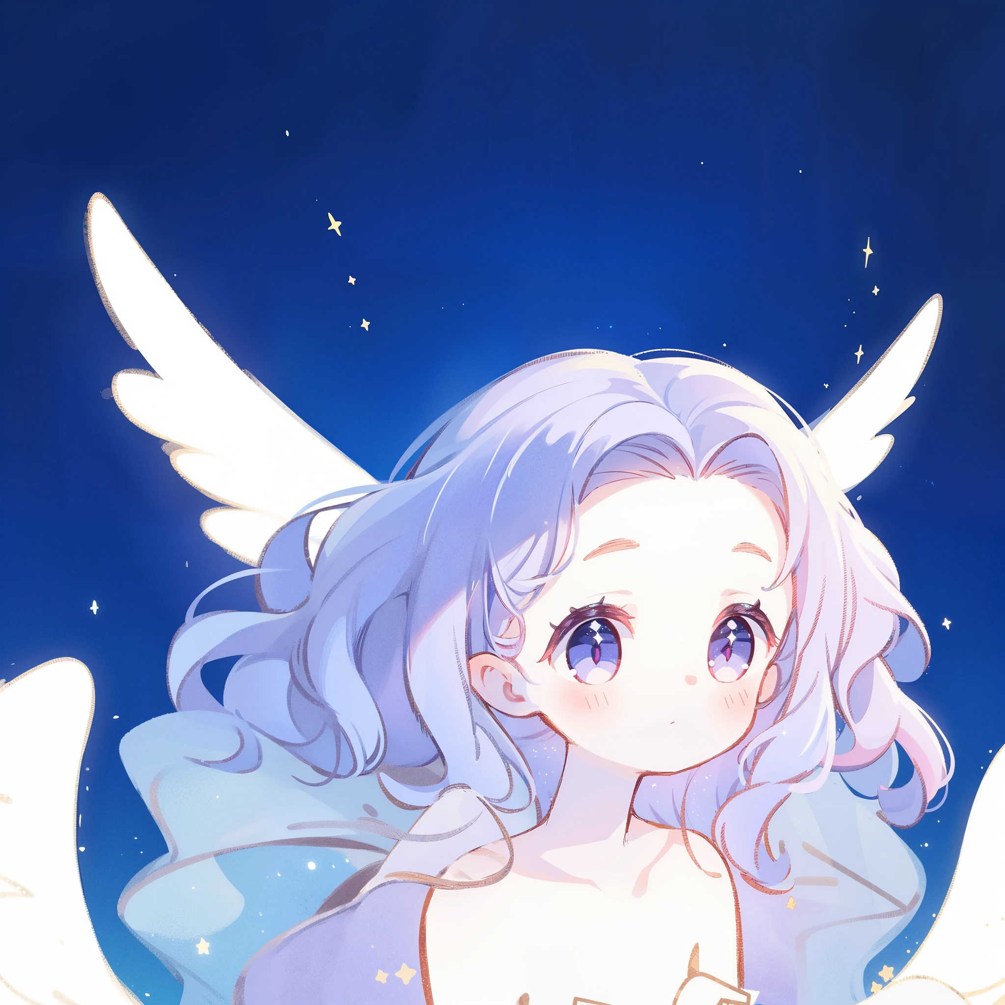 nude angel girl wearing an ethereal translucent dress, pale skin, ((wavy gradient blue purple hair)), white feathers, angel wings, sparkling detailed eyes, golden ratio face, perfect composition, highly detailed, ethereal, (starry night sky background), midjourney style