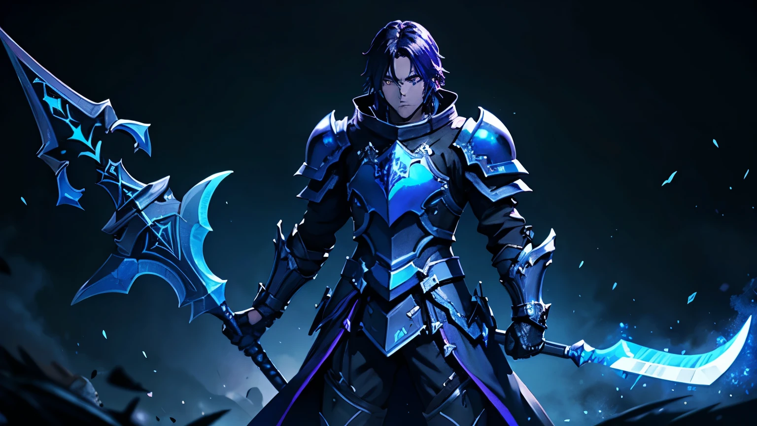 Enchanted Black Plate Armor of a paladin, wrapped in blue and purple fire, with a halberd and a black glow coming out of the armor (A man)