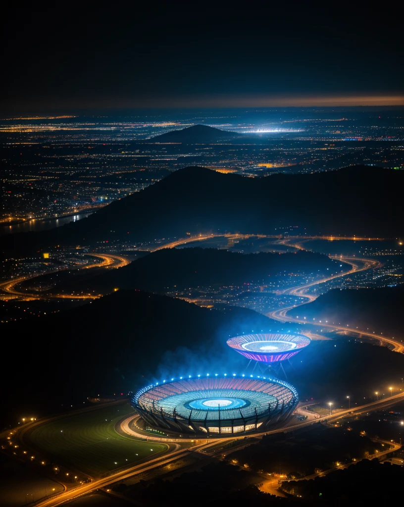 a surreal and vibrant digital illustration of the Olympic Games, (best quality,4k,8k,highres,masterpiece:1.2),ultra-detailed,(realistic,photorealistic,photo-realistic:1.37),HDR,UHD,studio lighting,extreme detail description,professional,vivid colors,bokeh,cinematic lighting,dramatic shadows,dynamic composition,dramatic camera angle,epic scale,futuristic architecture,glowing energy fields,floating holographic displays,dynamic crowd of athletes,dynamic sports action,stunning aerial view of Olympic stadiums and venues,sweeping panoramic landscape,dramatic lighting and color palette