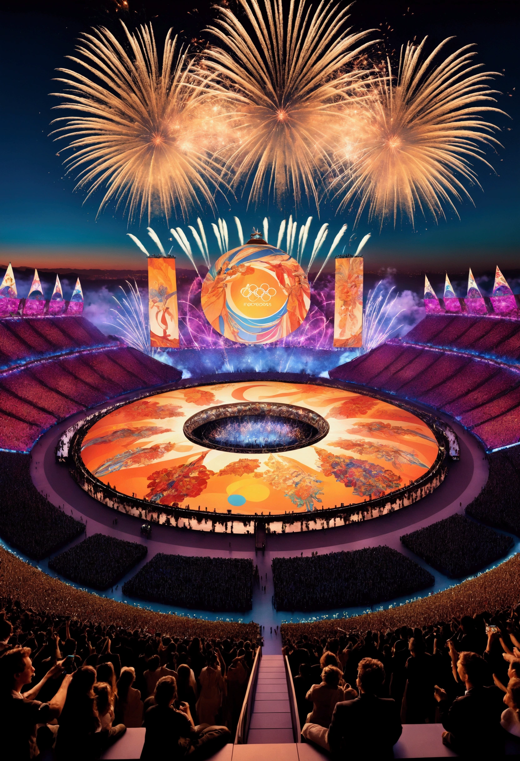Epic Olympic opening ceremony, cinematic, 8k, art by Alphonse Mucha, detailed crowd in national costumes, grand stage with diverse performers, dazzling fireworks, vibrant digital displays, Olympic rings, night sky, golden hour lighting, energetic atmosphere, unity in diversity, aerial view