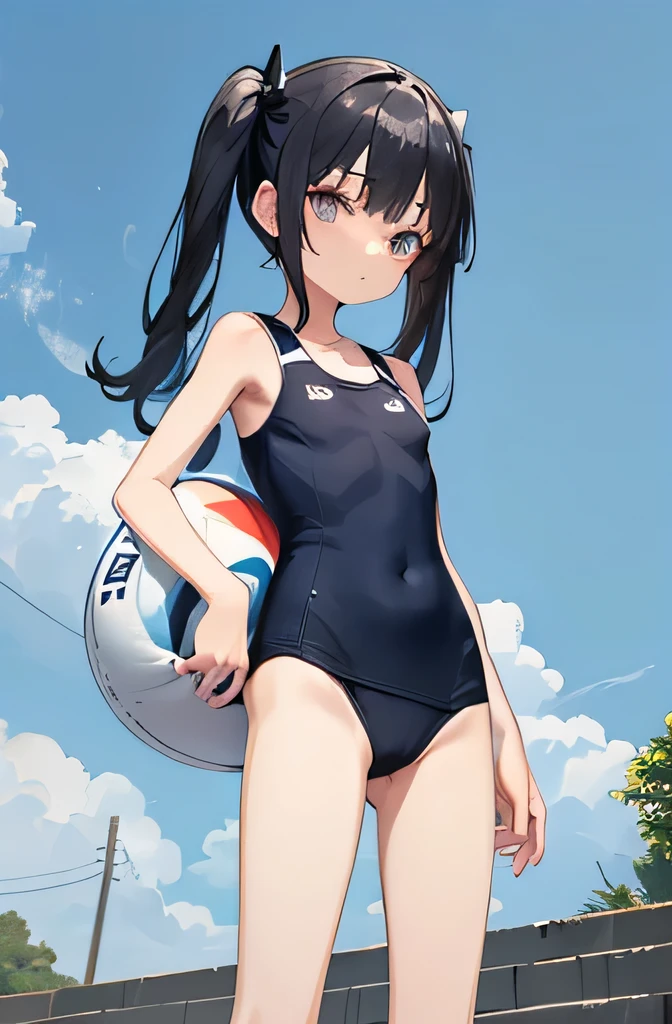 cowboy shot,thin legs,standing,(young girl:1.0),(tiny girl:1.0),(skinny girl:0.8),front shot,flat chest,long twin tails,black hair,navy colored school swimsuit,from below,ground level shot,(:1.2),white panty liner