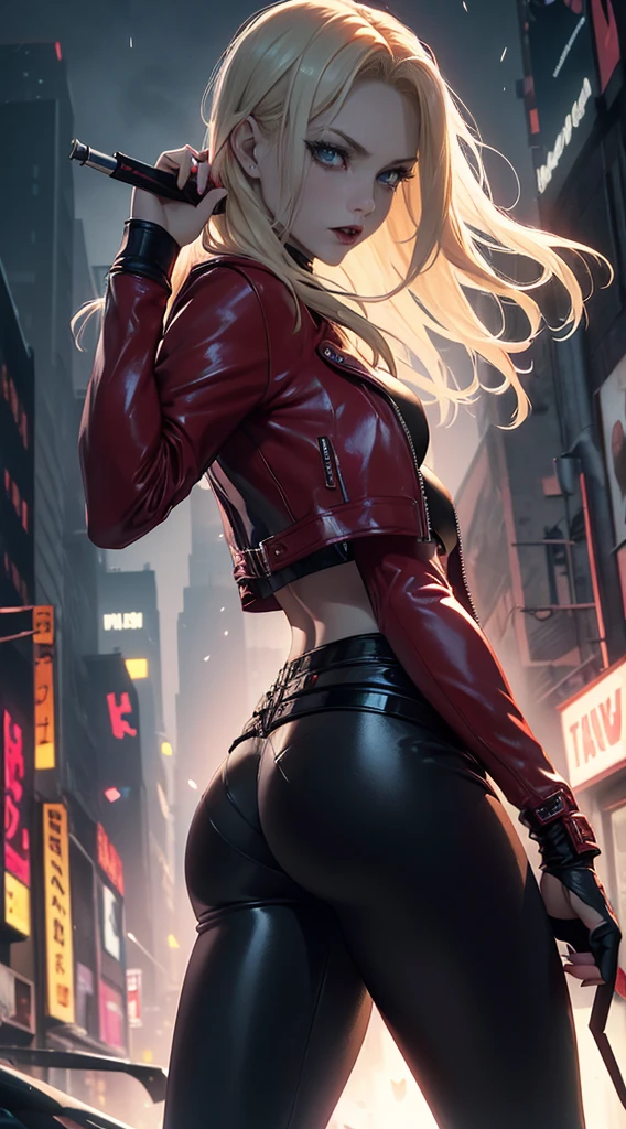 Harley Quinn, (A beautiful 25-year-old British female vampire mercenary:1.4), (long blonde hair:1.2), (pale skin), (detailed skin:1.2), (serious face), (wearing crimson leather jacket and black tight pants:1.4), (waist up shot:1.2), view from front, (dynamic action pose:1.2), (chiaroscuro lighting:0.8), (dark city at night:1.2), photo realism, intricate face detail, intricate hand details, highly detailed, vibrant colors, cinematic, 8k, trending on Artstation-style raw.