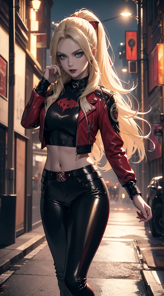 Harley Quinn, (A beautiful 25-year-old British female vampire mercenary:1.4), (long blonde hair:1.2), (pale skin), (detailed skin:1.2), (serious face), (wearing crimson leather jacket and black tight pants:1.4), (waist up shot:1.2), view from front, (dynamic action pose:1.2), (chiaroscuro lighting:0.8), (dark city at night:1.2), photo realism, intricate face detail, intricate hand details, highly detailed, vibrant colors, cinematic, 8k, trending on Artstation-style raw.
